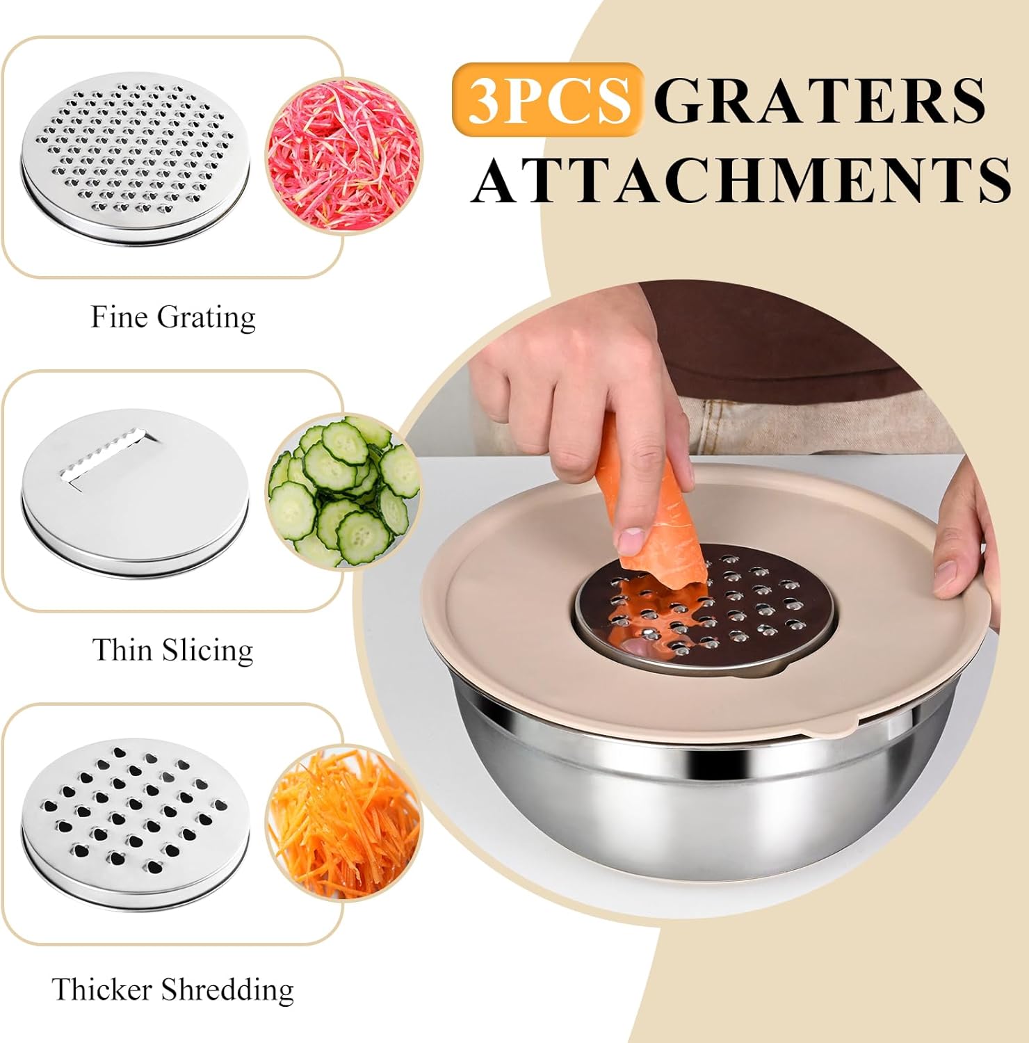 Mixing Bowls with Airtight Lids Set, 20 PCS Kitchen Gadgets Set, 6 Stainless Steel Bowls,3 Grater Attachments,Non-Slip Silicone Bottoms,Great for Serving&Baking,Size 5, 4, 3.5, 2.1, 1.5, 1.1QT (Khaki) - Image 3