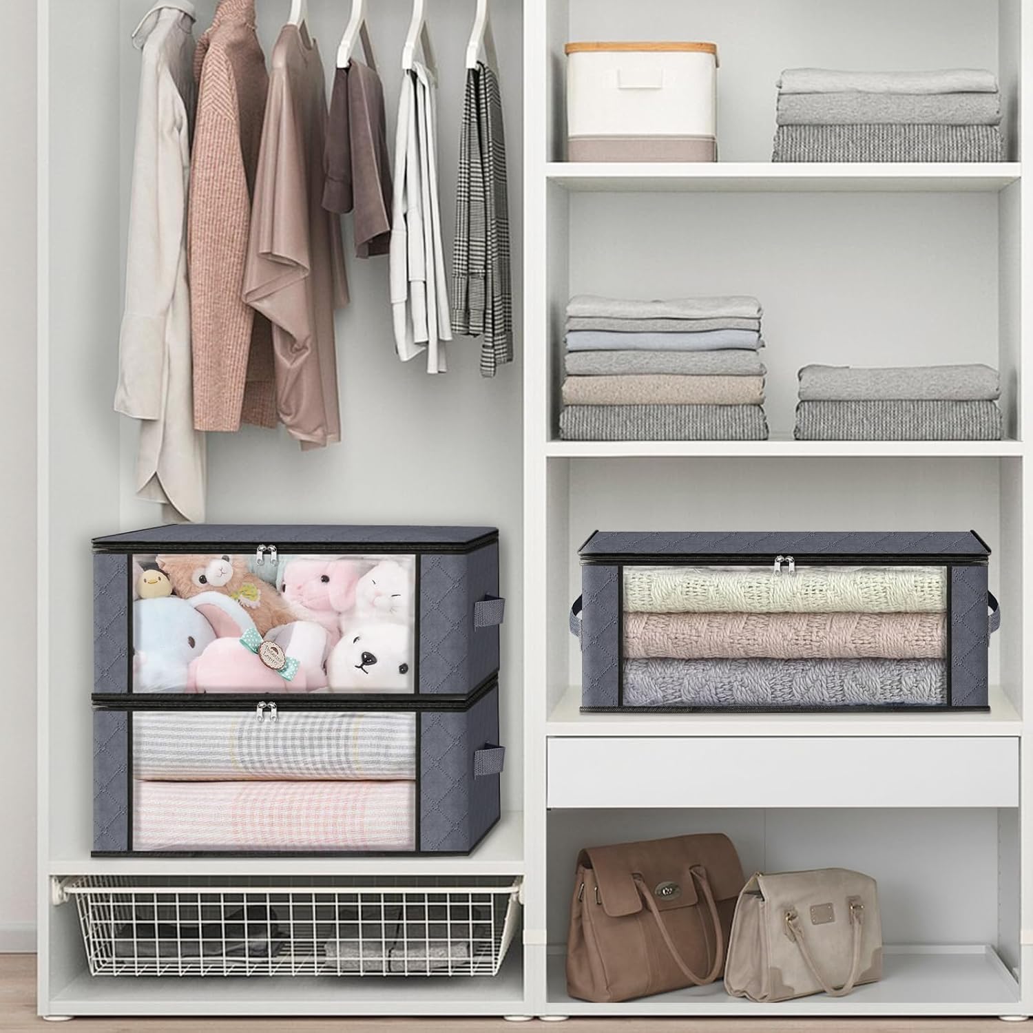 HomeHacks Storage 3-Pack Clothes Organizer Storage Bags Foldable Storage Box with Large Clear Window Sturdy Handles for Closet, Dorm, Pillows, Bedding, Clothes, Blankets, 35L, Gray - Image 5