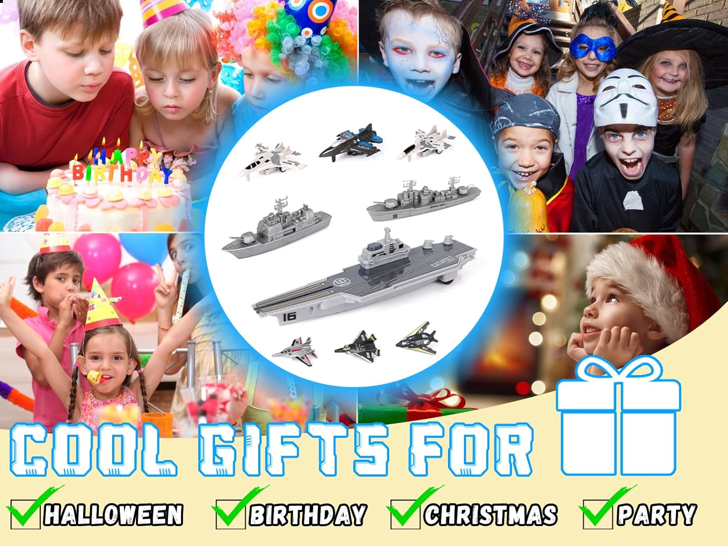 Crelloci Aircraft Carrier Military Naval Ship with Pull Back Army Fighter Jet Toy Small Scale Model Plane Submarine Kids' Play Vehicle Set for Boy Girl Children - Image 7