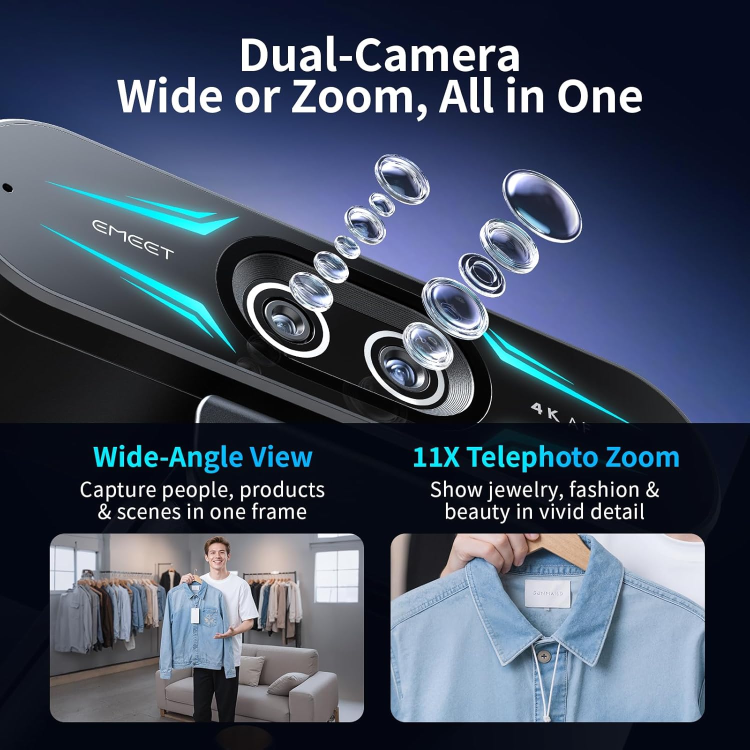 EMEET C60E Dual-Camera 4K Webcam for Streaming, Wide-Angle and Telephoto Cameras, Max 11X Hybrid Zoom & PDAF Autofocus, Remote Control, RGB Lighting, 2 Mics, Ideal for Livestreaming and Online Meeting - Image 3