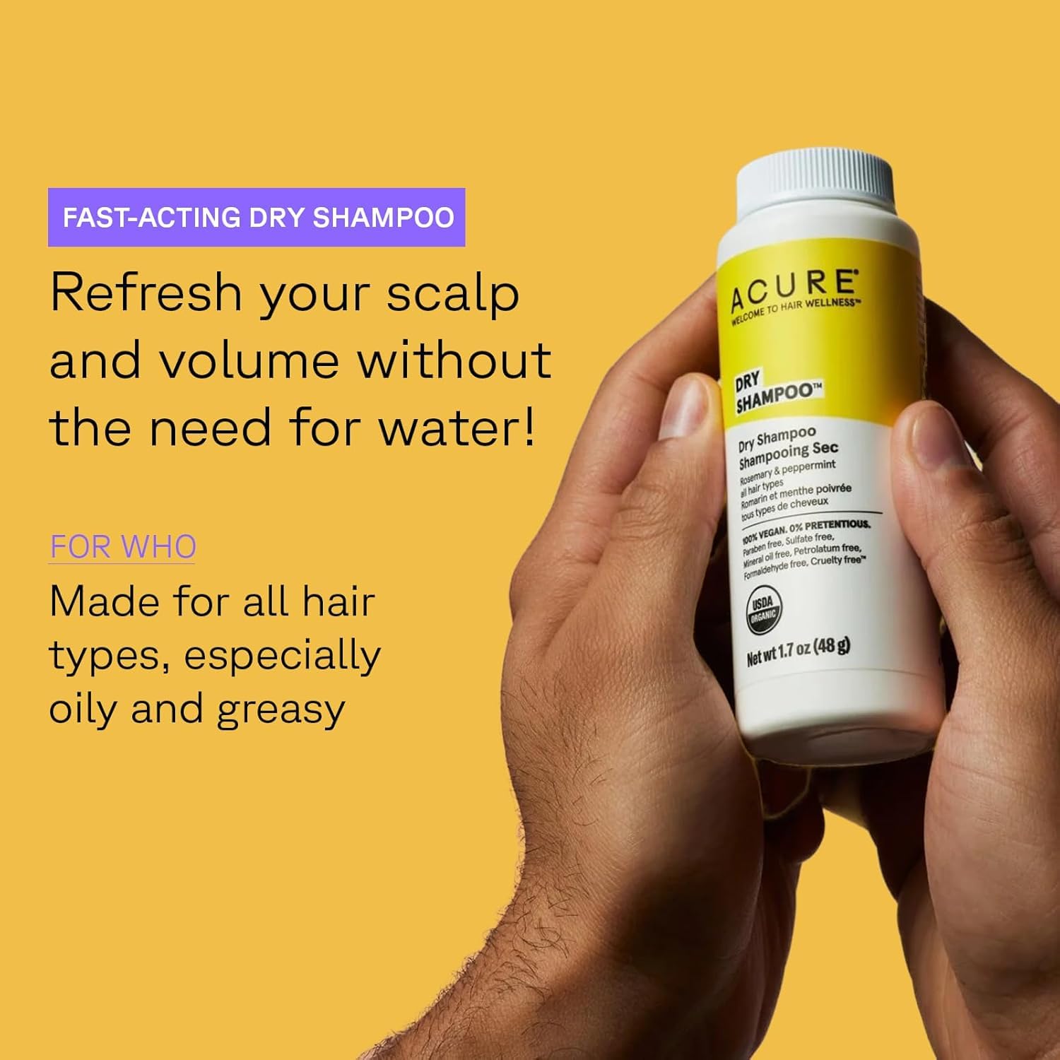 Acure Dry Shampoo - Mini Powder Dry Shampoo for Women with Blonde & Dark Hair, Care to Refresh Treated Color Tinted Hair with Rosemary & Peppermint, Non Aerosol, Clean, 100% Vegan - 1.7 oz Travel Size - Image 2