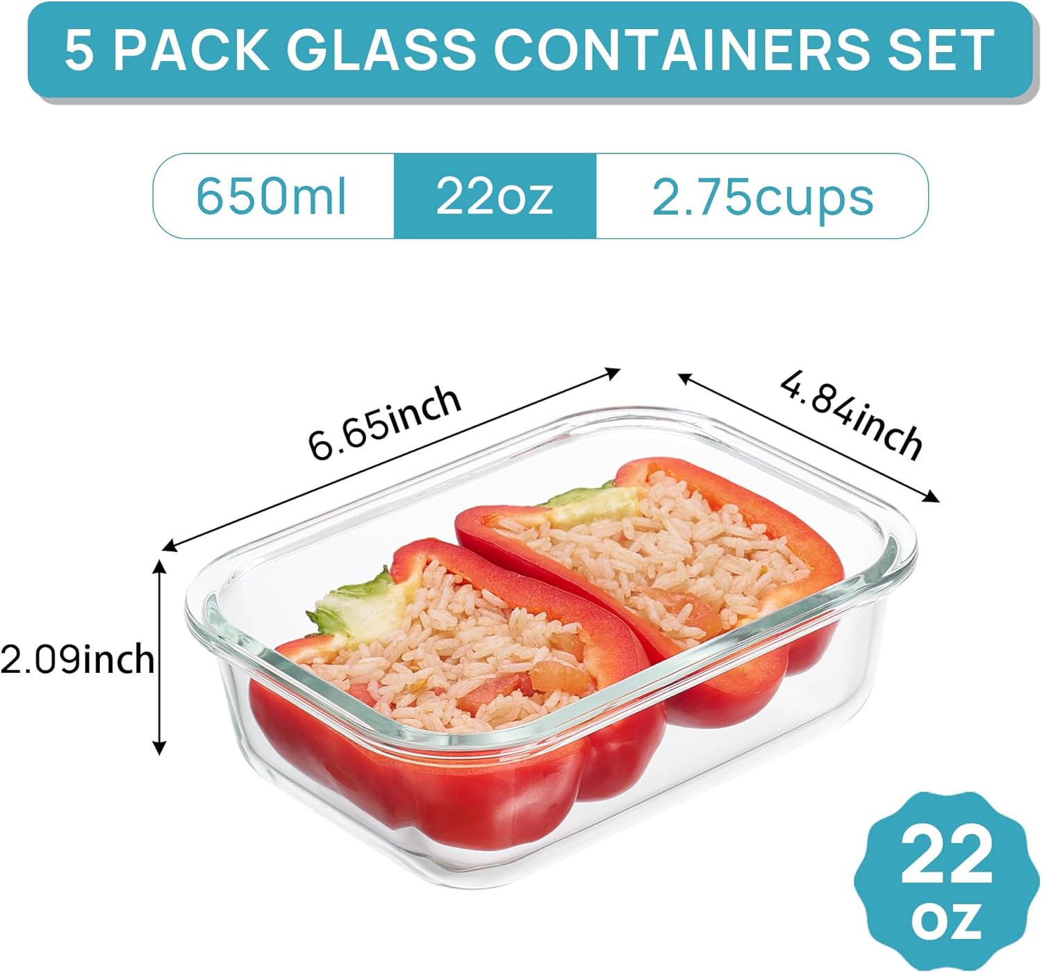 Vtopmart 5Pack 22oz Glass Storage Containers with Lids, Glass Meal Prep Food Container Sets with Snap Airtight Lids for Microwave, Oven, Freezer and Dishwasher, Grey - Image 2