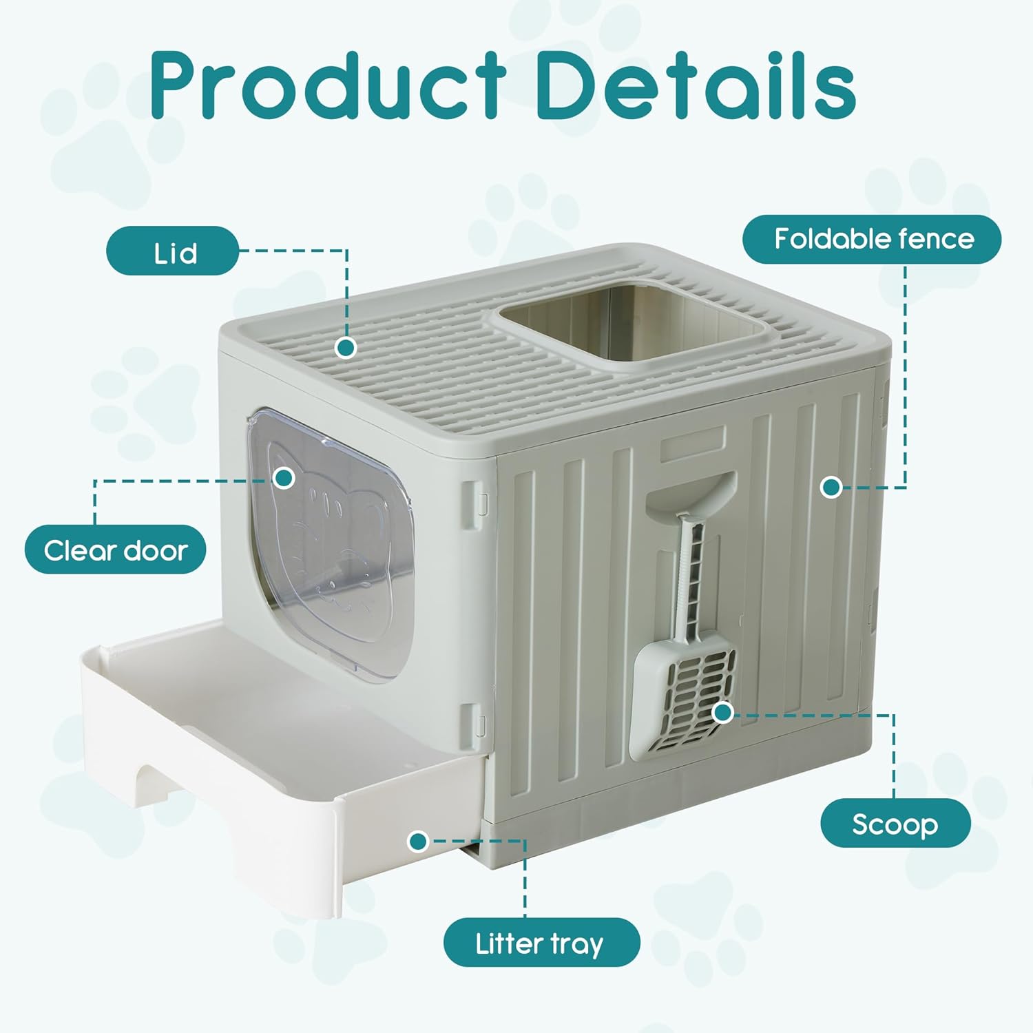 OLIXIS Cat Litter Box with Lid, Large Foldable Cat Box with Litter Scoop, Front Entry Top Exit Kitty Litter Box with Door, Easy Cleaning Drawer Design Odor Control, Grey - Image 5