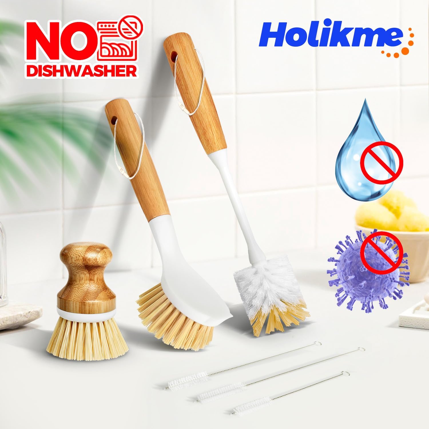 Holikme 6 Pack Dish Brush Kitchen Brushes Set with Vegetable Palm Brush, Bottle Brush, Dish Brush and Straw Brush, Fruit Cleaning Brushes for Cleaning Potato Skillet Wok Pot Pan Cast Iron, Yellow - Image 5