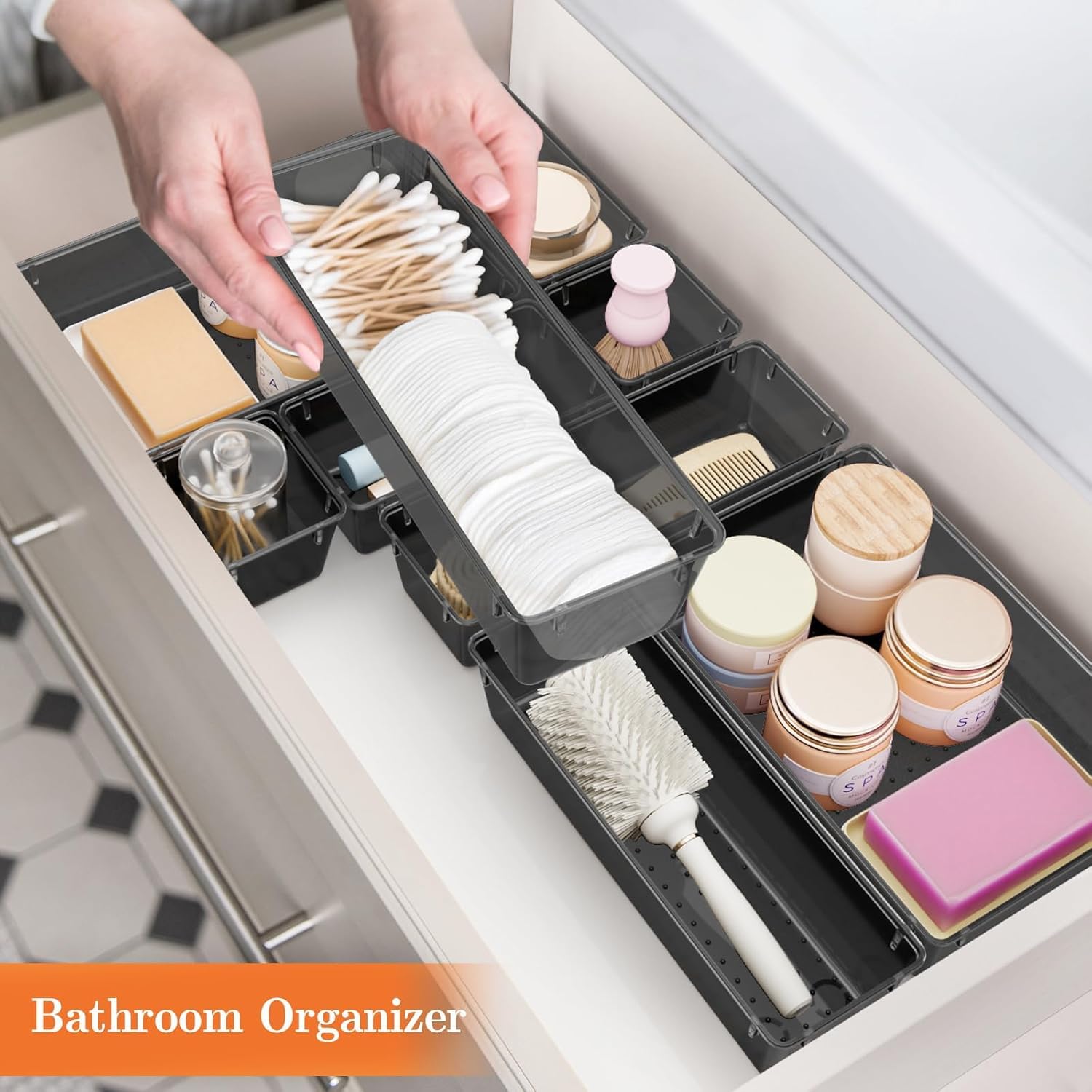 SpaceHacks 25 PCS Plastic Drawer Organizer Set, 4-Size Versatile Organizer Trays & storage Bins for Makeup, Jewelry, and Gadgets in Bathroom, Bedroom and Office,Clear Black - Image 6