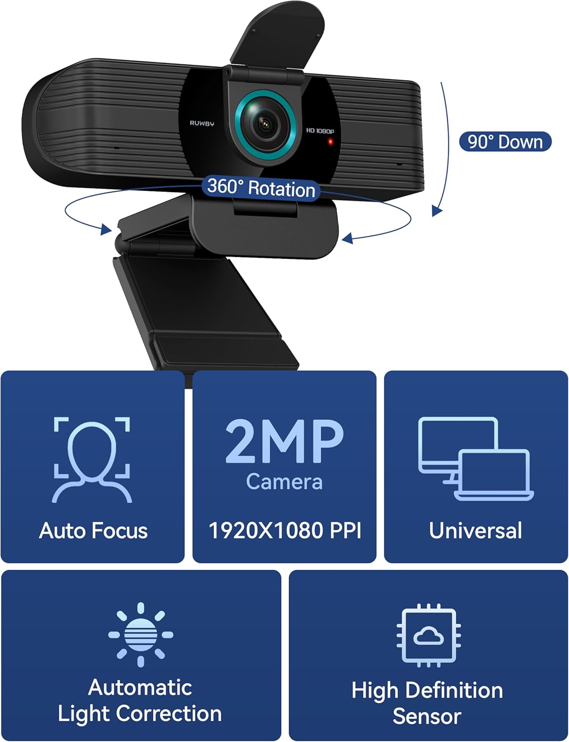 RUWBY Full HD 1080P Webcam with Built-in Dual Mics, Wide-Angle Lens, Privacy Cover, Tripod Stand, Autofocus Computer Camera, Plug and Play for Desktop PC or Laptop - Image 2
