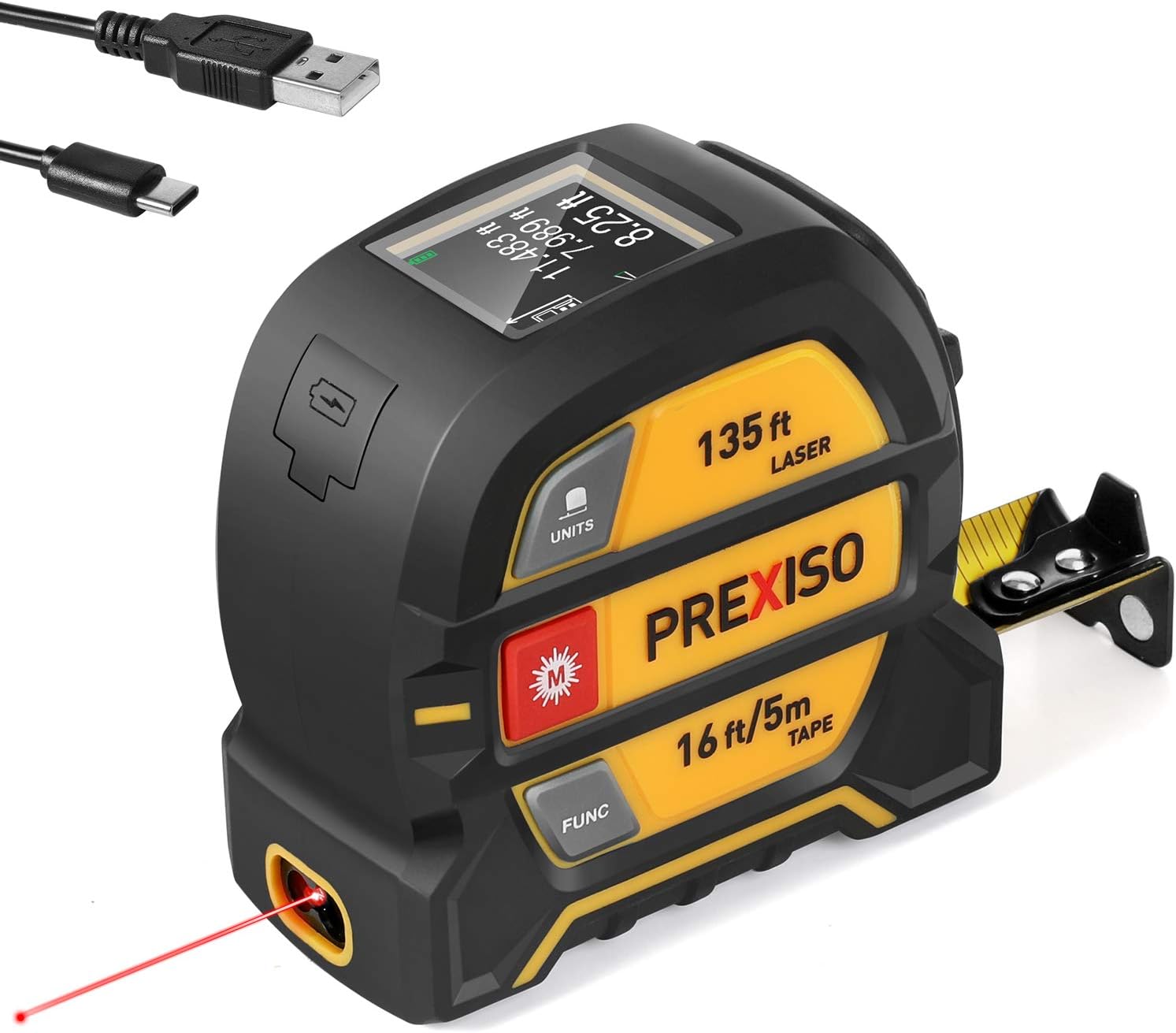 PREXISO 2-in-1 Laser Tape Measure, 135Ft Rechargeable Measurement Tool & 16Ft Measuring Movable Magnetic Hook - Pythagorean, Area, Volume, Ft/Ft+in/in/M Unit NOT Digital