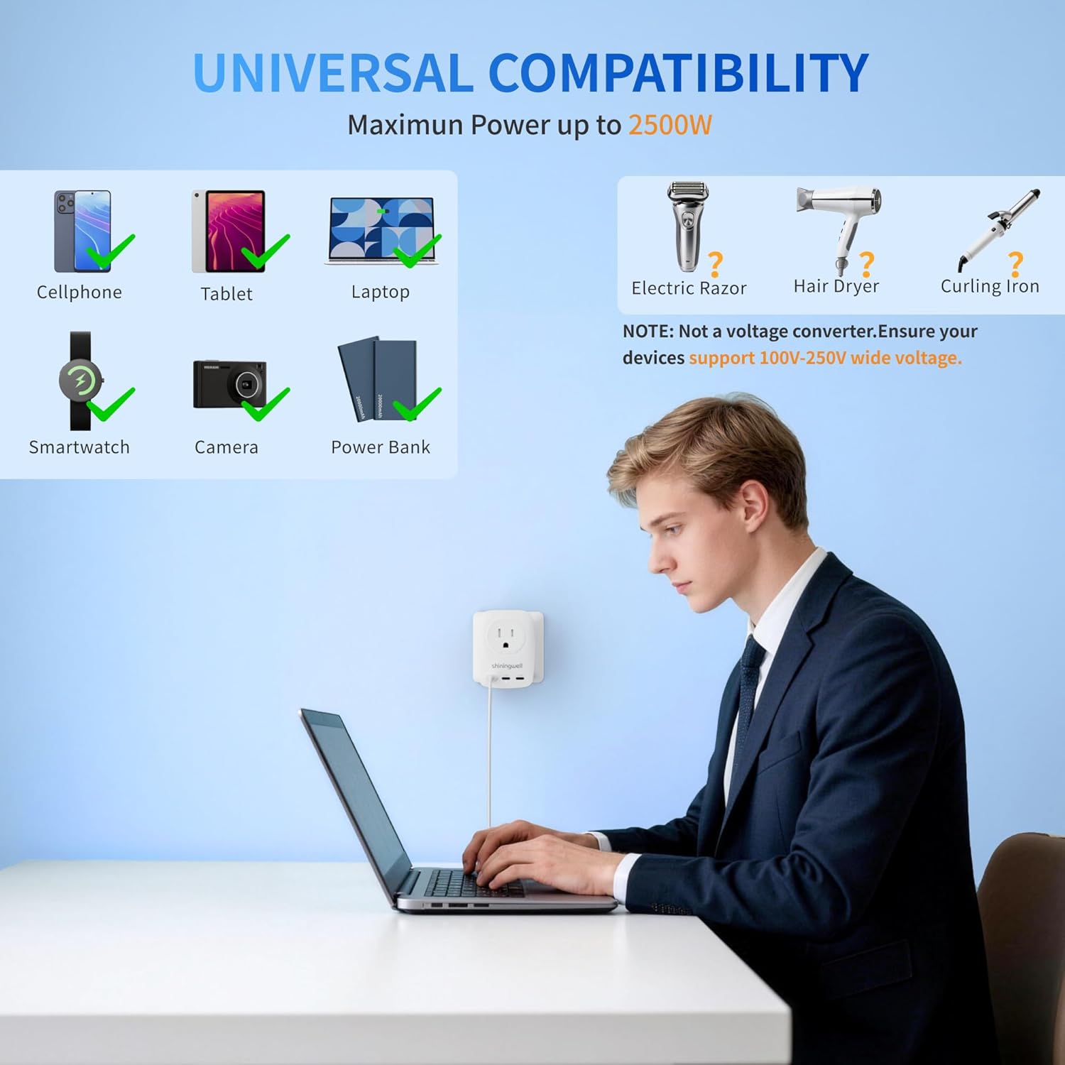 45W GaN Universal Travel Adapter, 7-in-1 2000W International Power Adapter with 3 USB-C(45W PD)/2 USB-A/2 AC, Worldwide Plug for EU,UK,China,AU - Cruise Essentials for Laptop,MacBook,iPad,Phone,Camera - Image 6