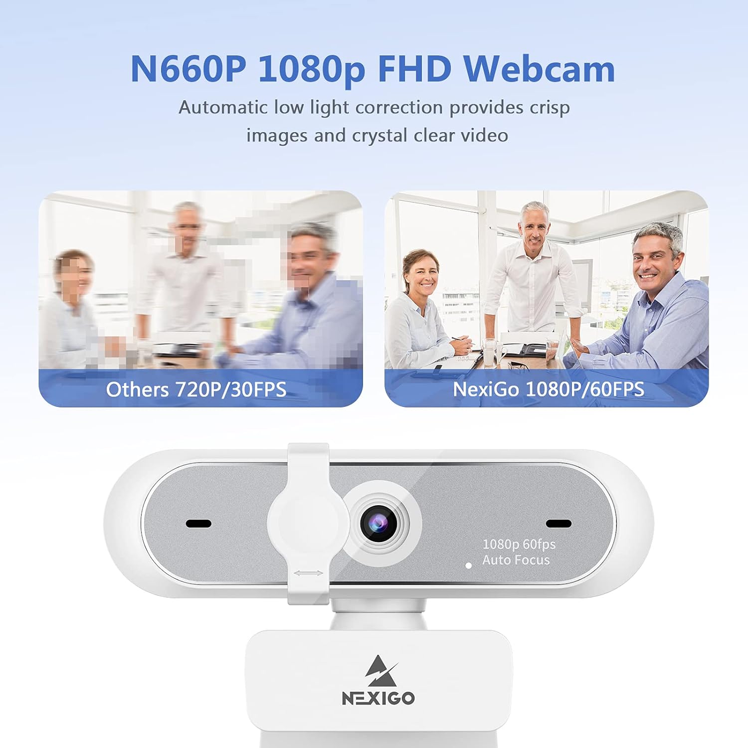 NexiGo N660P 1080P 60FPS Webcam with Software Control, Dual Microphone & Cover, Autofocus, HD USB Computer Web Camera, for OBS/Zoom/Skype/FaceTime/Teams/Twitch, White - Image 2