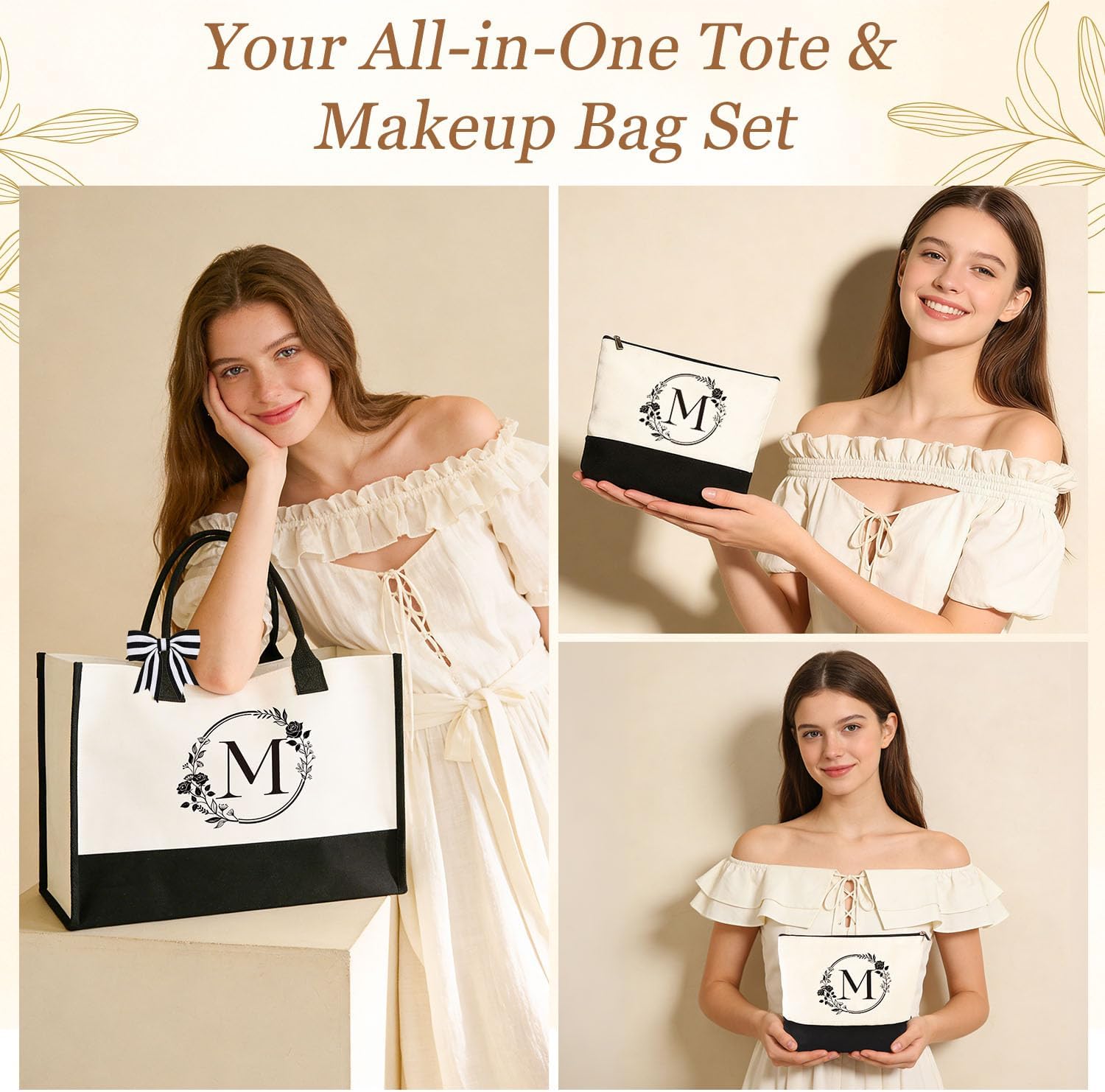 Birthday Gifts for Women, 10pcs Monogrammed Gifts for Women Initial Canvas Tote Bag, Makeup Bag, Glass Cup, Hair Clip, Candle Basket Birthday Personalized Gift for Her Woman Mom Wife Friend Teacher, M - Image 3