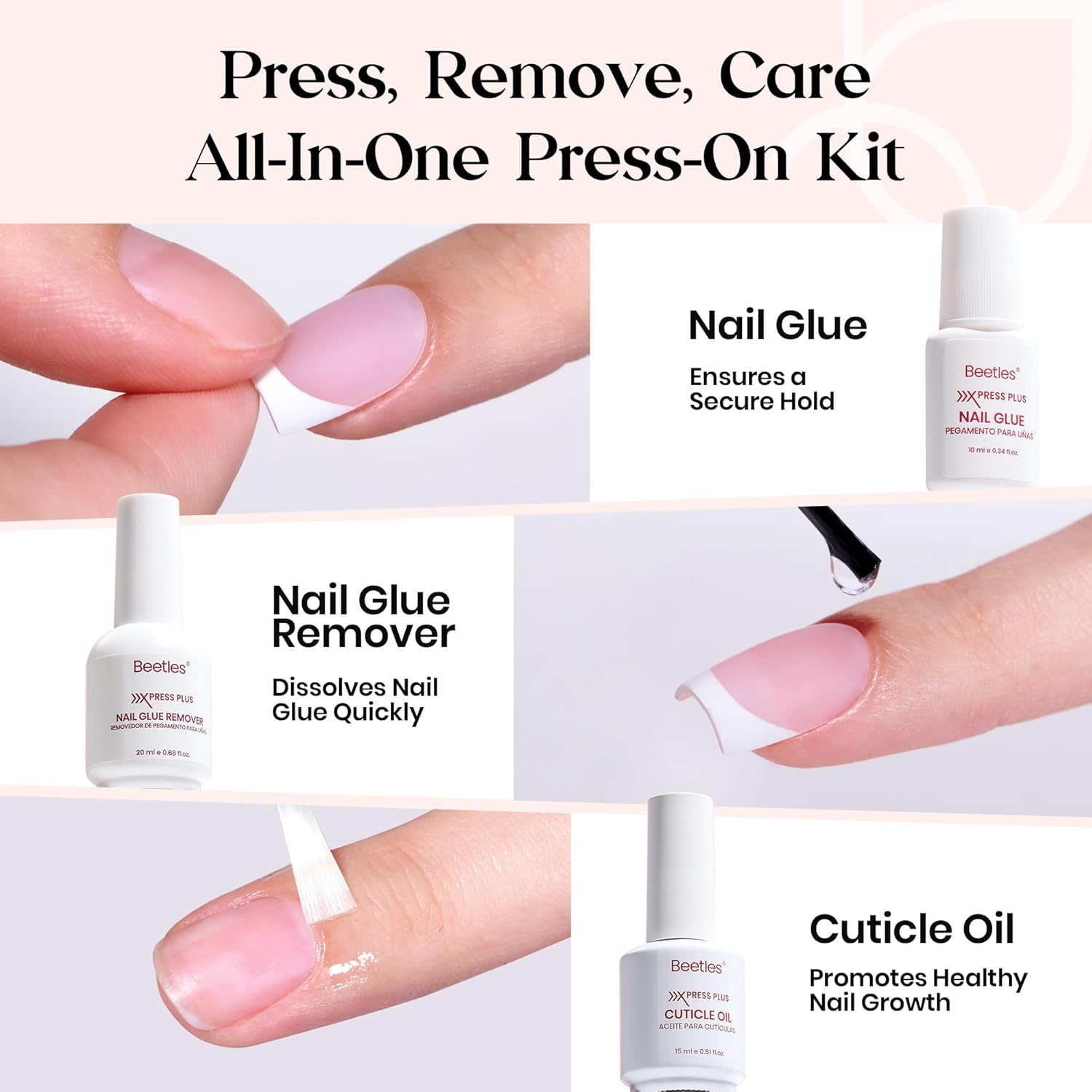 Beetles X Press Plus On Nails Kit - Rose French | Pink Long Square French Tip Press On Nails | 224Pcs 16 Sizes All-in-One Kit With Nail Glue,Remover,Builder Top Coat,Nail Lamp - Image 2