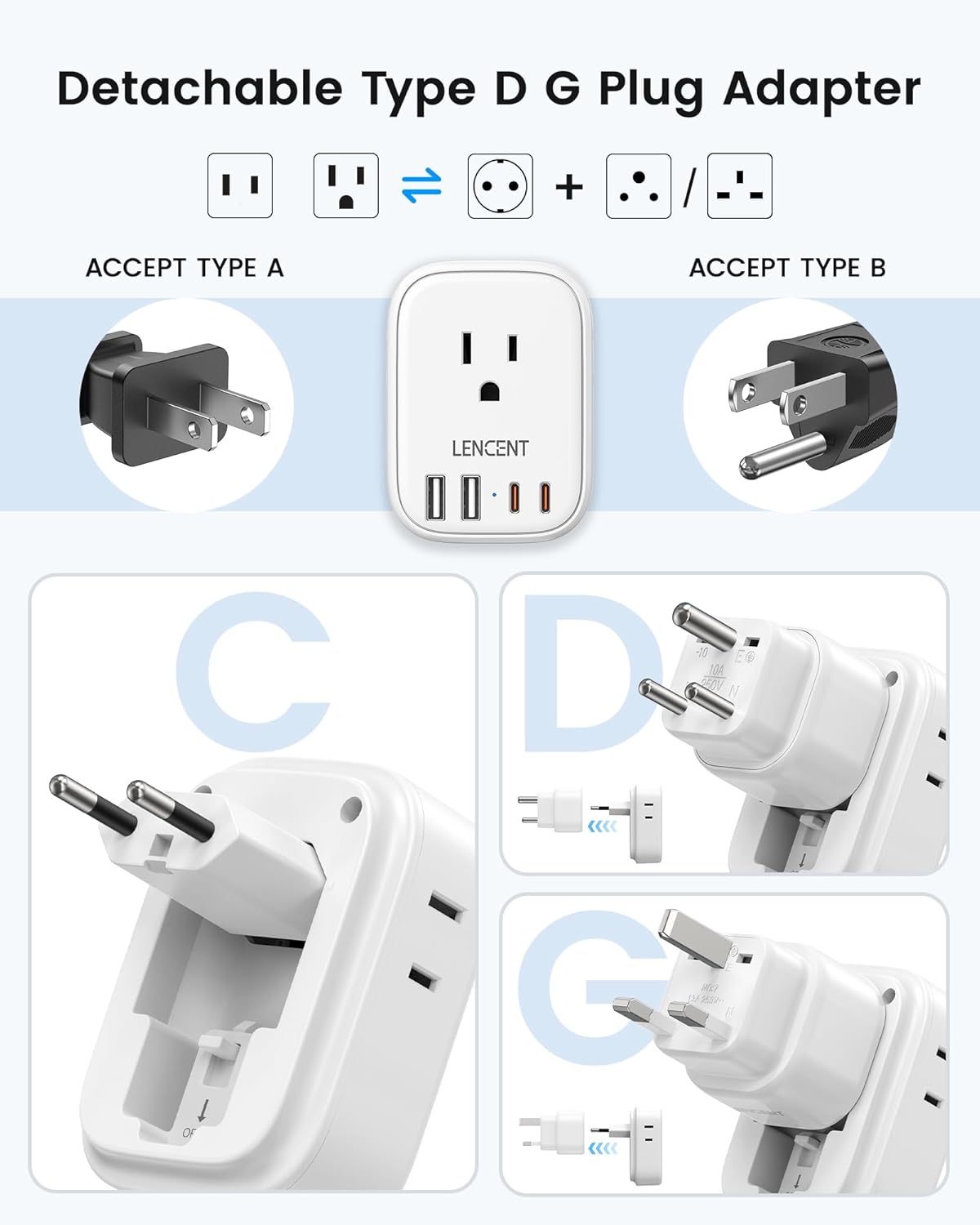 LENCENT Type C and Type D G Universal Travel Adapter Kit, International Power Plug Adapter for Europe UK Maldives Italy Ireland Scotland Dubai Singapore India Sri Lanka Tanzania Zanzibar Kuwait Nepal - Image 2