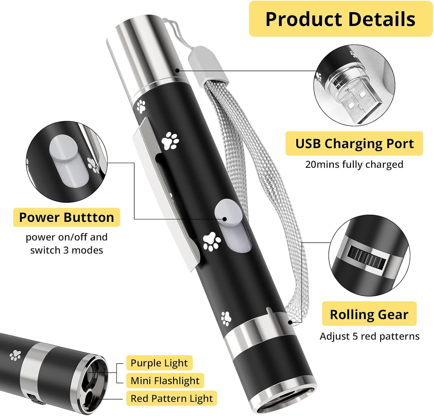 UMSIS Cat Toy, Distinctive Black Painted Metal Casing with Paw Print Design, USB Rechargeable, 7 Adjustable Patterns,Portable Interactive Chase Toy for Indoor Cats & Dogs Training and Exercise - Image 2
