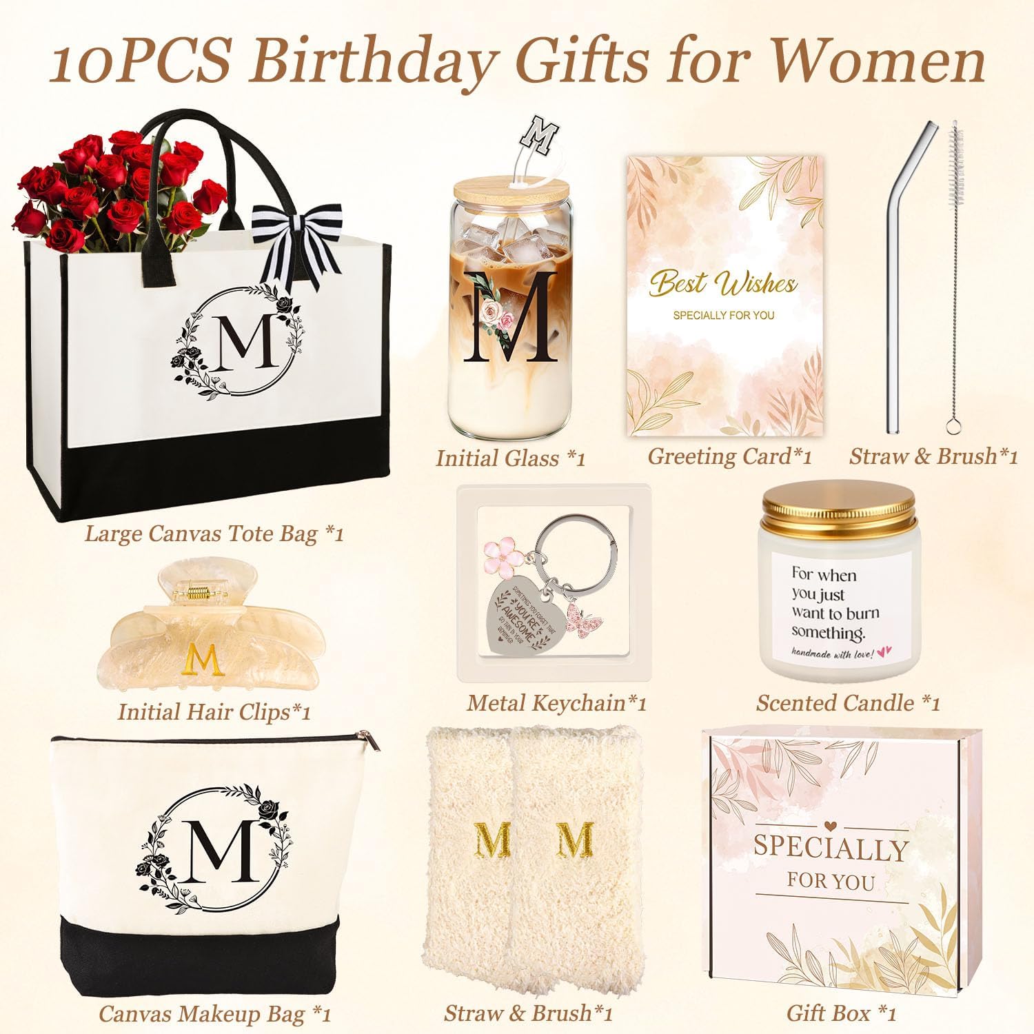 Birthday Gifts for Women, 10pcs Monogrammed Gifts for Women Initial Canvas Tote Bag, Makeup Bag, Glass Cup, Hair Clip, Candle Basket Birthday Personalized Gift for Her Woman Mom Wife Friend Teacher, M - Image 7