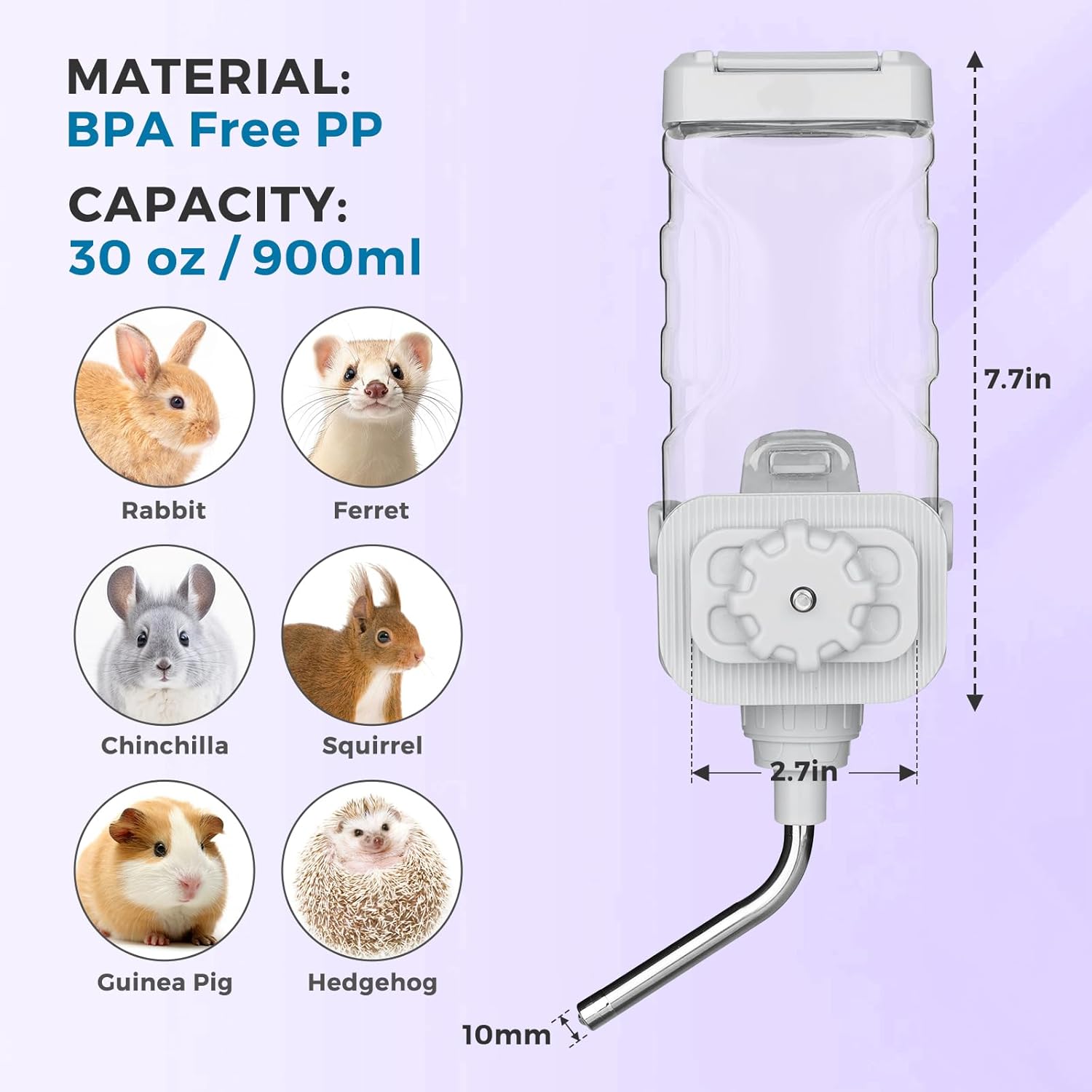 Vannon Small Animal Water Dispenser for Cage, 30oz Auto Feeding Crate Water Bottle for Rabbit, Chinchilla, Ferret, Guinea Pig, Squirrel, Hedgehog, Pet Nozzle Diameter: 10mm, BPA Free, Grey - Image 6