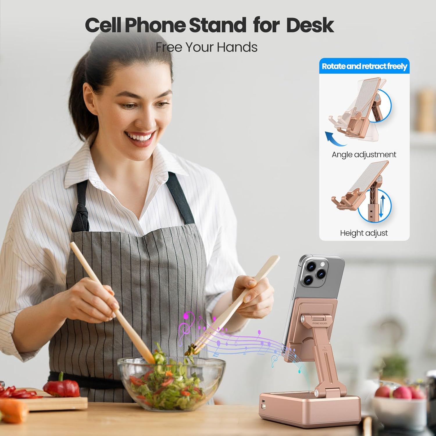 JTEMAN Cell Phone Stand with Bluetooth Speaker,HD Sound Adjustable Phone Holder,Birthday Gifts for Men Women, Cool Tech Kitchen Gadgets for Most Phones and Tablets-Rose Gold - Image 4