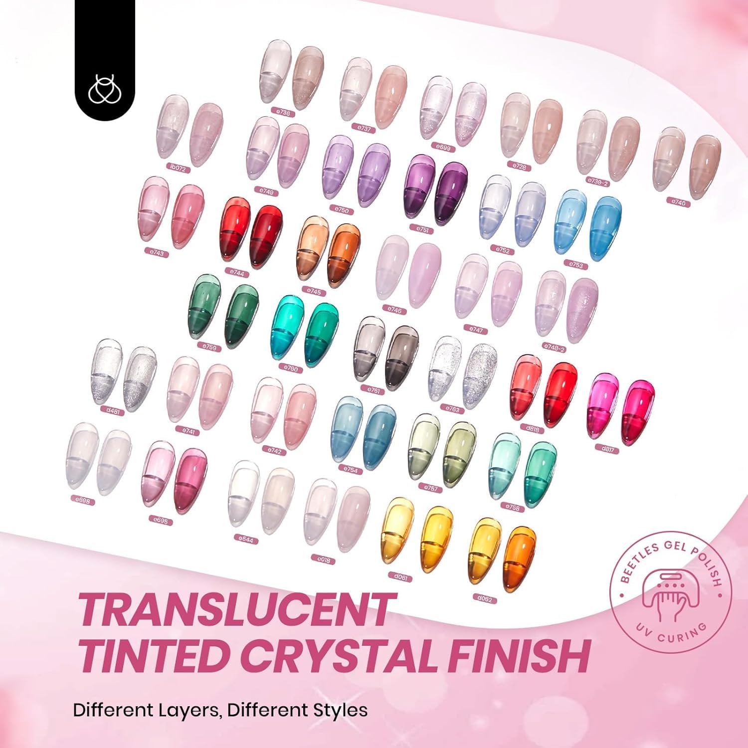Beetles Jelly Gel Nail Polish Set, 53PCS 36 Colors Jelly Pink Milky White Red Black Blue Green Silver Cat Eye Base Glitter Glossy Matte Top Coat Crystal Ice Collection French Nails Gift for Women - Image 2