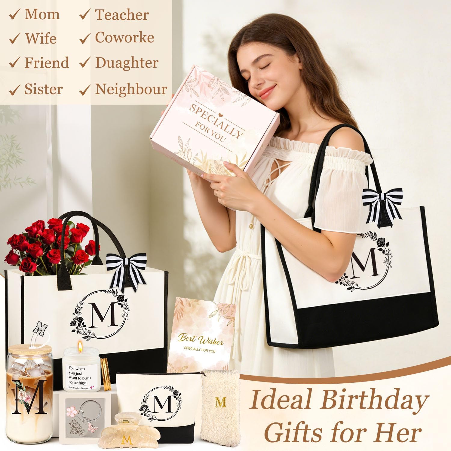 Birthday Gifts for Women, 10pcs Monogrammed Gifts for Women Initial Canvas Tote Bag, Makeup Bag, Glass Cup, Hair Clip, Candle Basket Birthday Personalized Gift for Her Woman Mom Wife Friend Teacher, M - Image 2