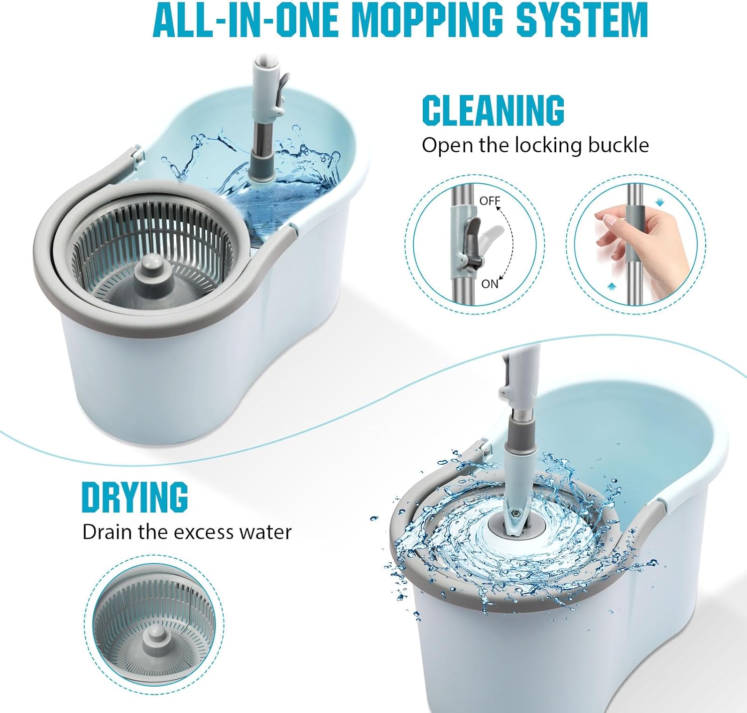 Spin Mop and Bucket with Wringer Set, 360° Spinning Mop Bucket System with 3 Microfiber Mop Replacement Heads and 50" Stainless Steel Adjustable Handle for Floor Cleaning - Image 4