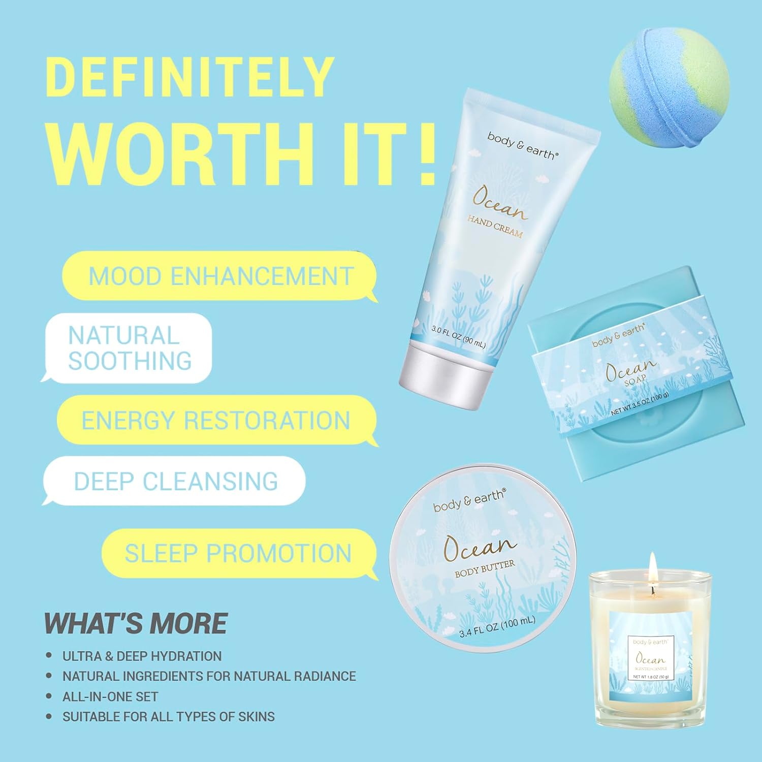 Gifts for Women, Bath and Body Womens Gift Sets with 5 Pcs Ocean Scented Spa Gifts for Women Bath Gift with Scented Candle Body Butter Hand Cream Bath Bomb Mothers Day Gifts - Image 7