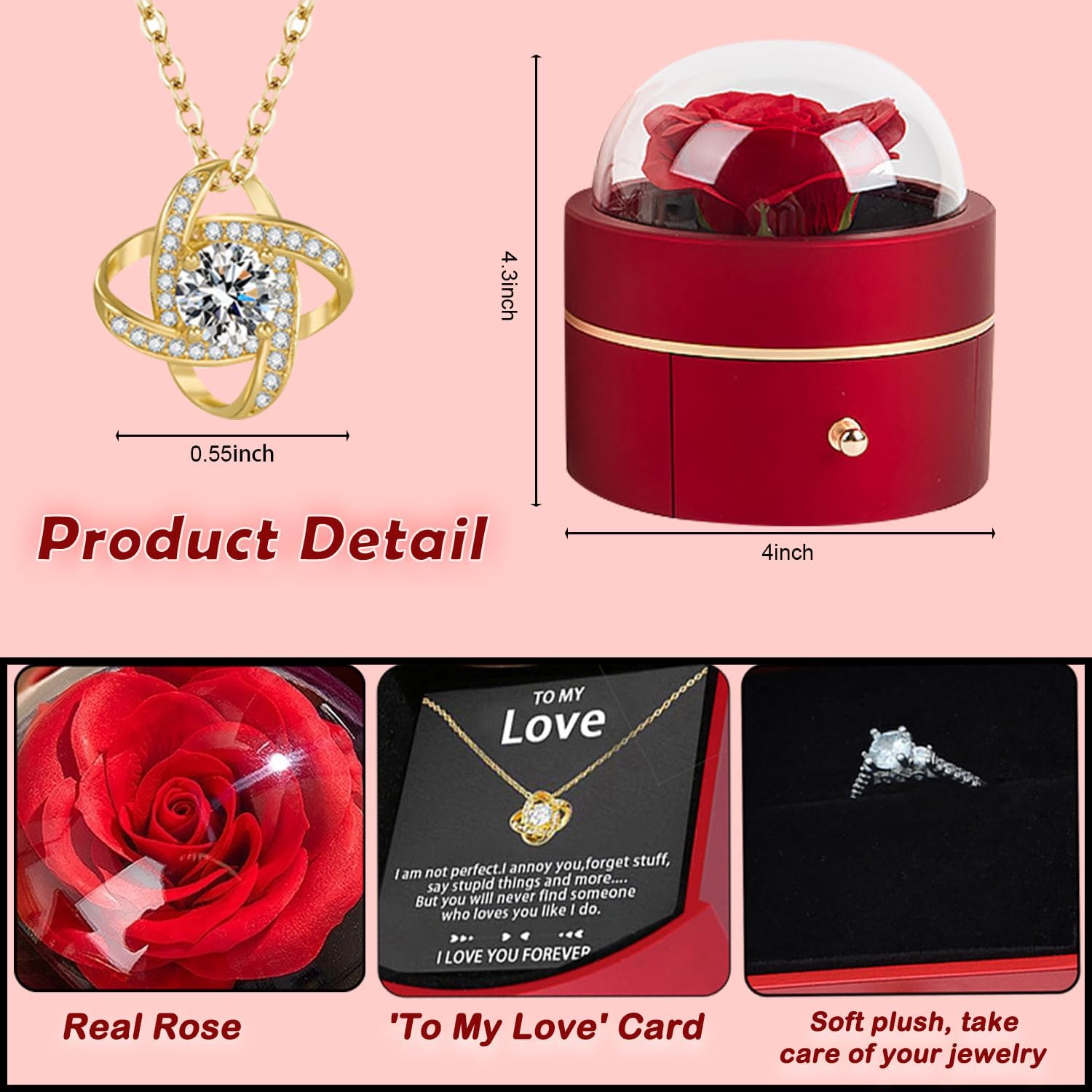Preserved Handmade Rose Box with Four Leaf Clover Necklace, Jewelry Boxes Poetry Roses Gifts for Women Her Mom Wife Girlfriend on Valentines,Mother's Day with ''To My Love'' Card (Romantic Red) - Image 3