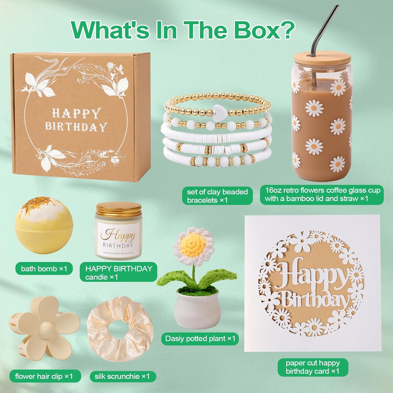 Birthday Gifts For Women, Teen Girl, Her, Happy Birthday Gift Box For Girl, Daughter, Women, Sister,Friends, Cute Daisy Aesthetic Glass Cups Gift Set 8pcs - Image 2
