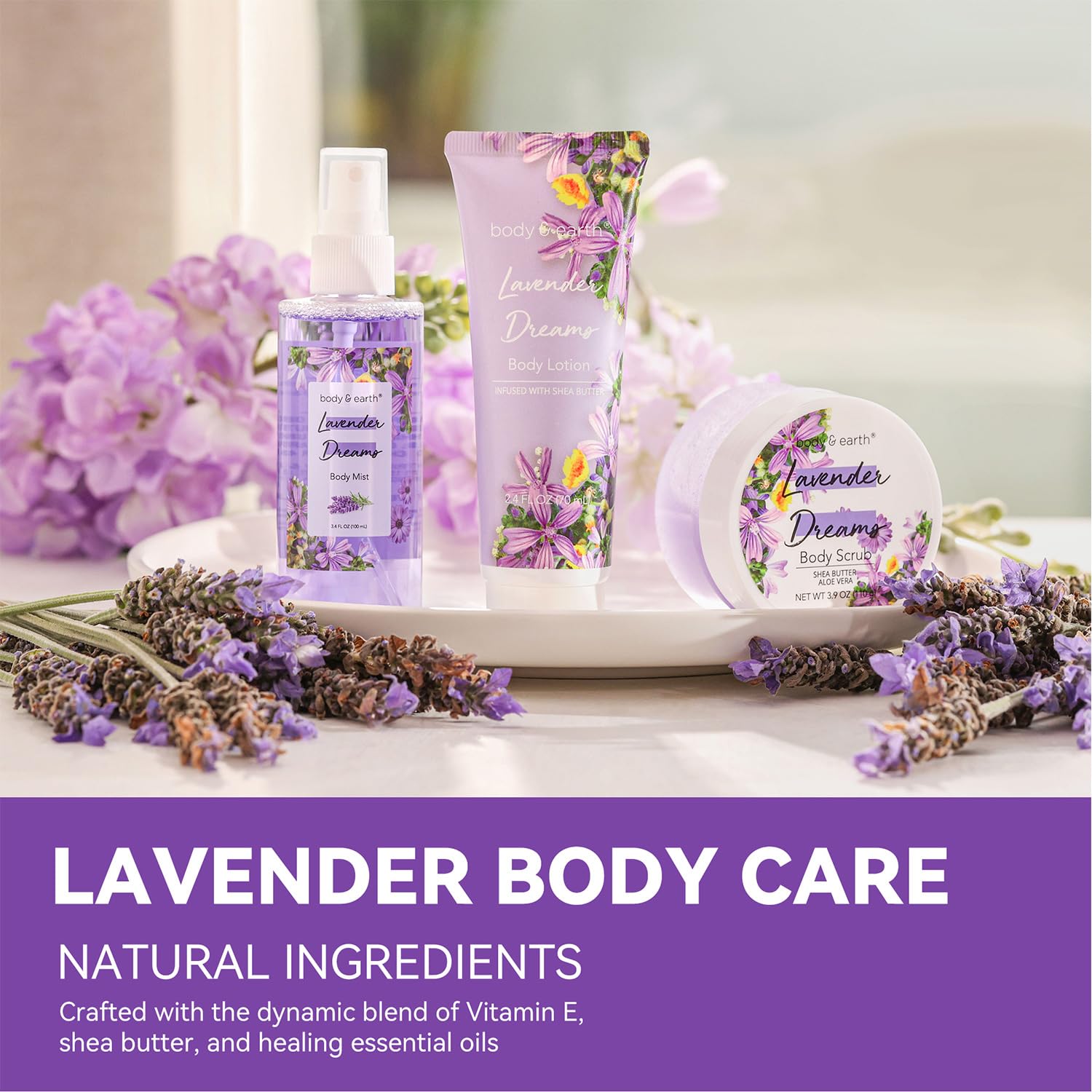 BODY & EARTH Body Mist Gift Set - Spa Gifts for Women, Perfume, Body Lotion, and Body Scrub in a Lavender Dreams Box- Perfect Birthday Gifts for Moms, and Special Occasions,Unique Gift Ideas for Her - Image 3