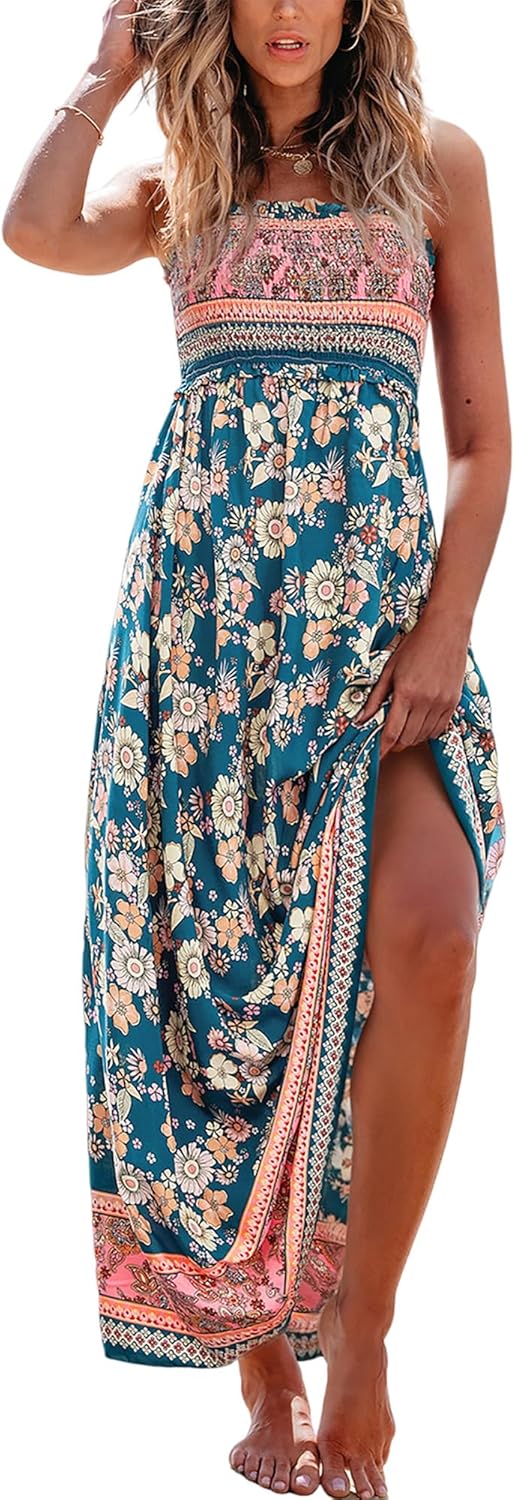 CUPSHE Boho Floral Summer Dress for Women Beach Vacation Smocked Sundress Resort Flowy Casual Maxi Holiday Dresses