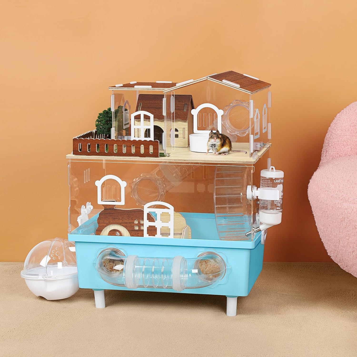 Large Hamster Cage 2 Tier Acrylic Hamster Habitat with Hideout & Running Wheel Blue Dwarf Hamster House for Dwarf Gerbils Syrian Hamsters, Blue, 13.3''L* 9.8''W* 17.4''H - Image 7