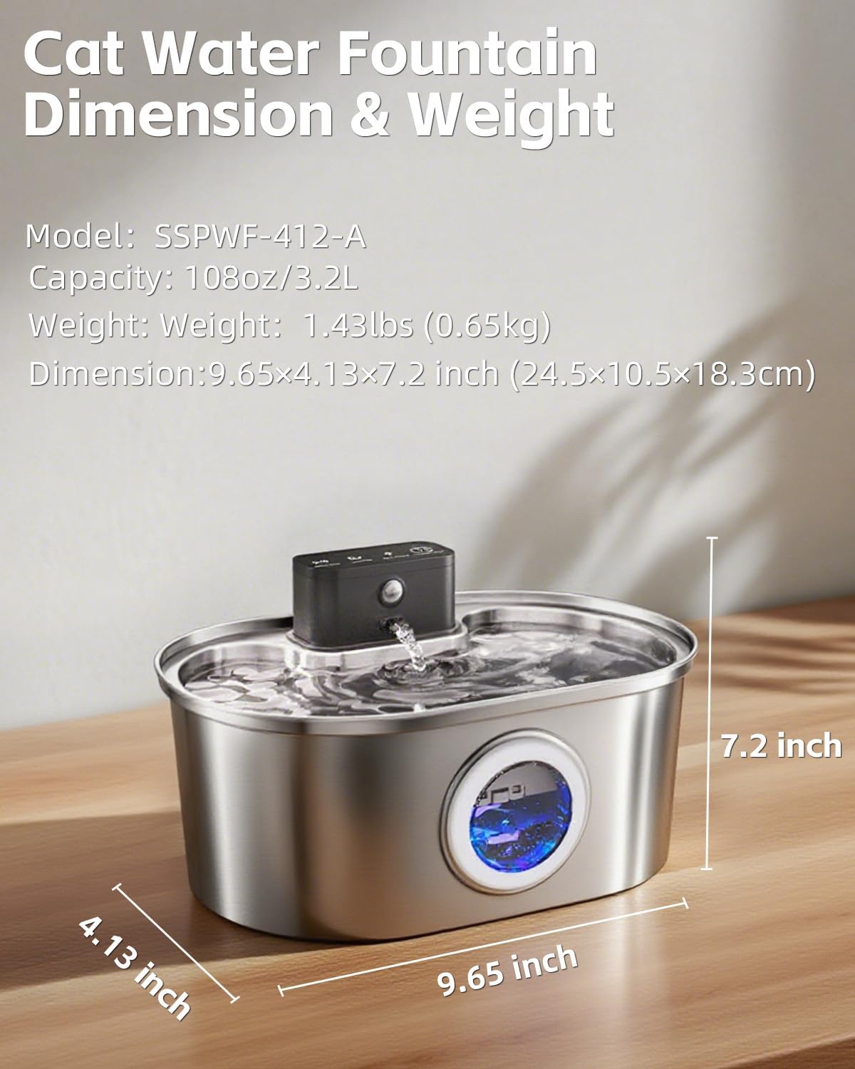 Cat Water Fountain Wireless - Stainless Steel 3.2L/108oz Cordless Pet Fountain - Battery Operated Automatic Water Dispenser for Cats Indoor, with Motion Sensor & Quiet Pump - Image 9
