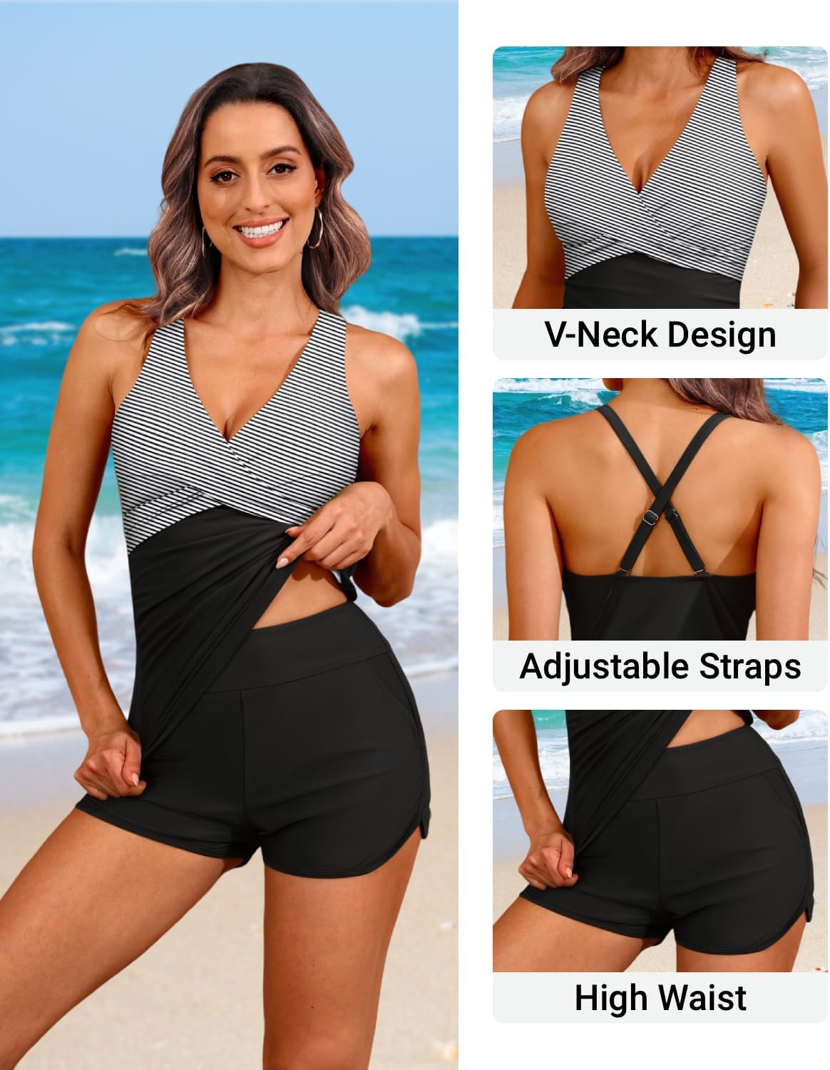 Women Tankini Swimsuits with Shorts - Two Piece Tummy Control Bathing Suits Top with Two Pockets Bottom Swimwear - Image 4