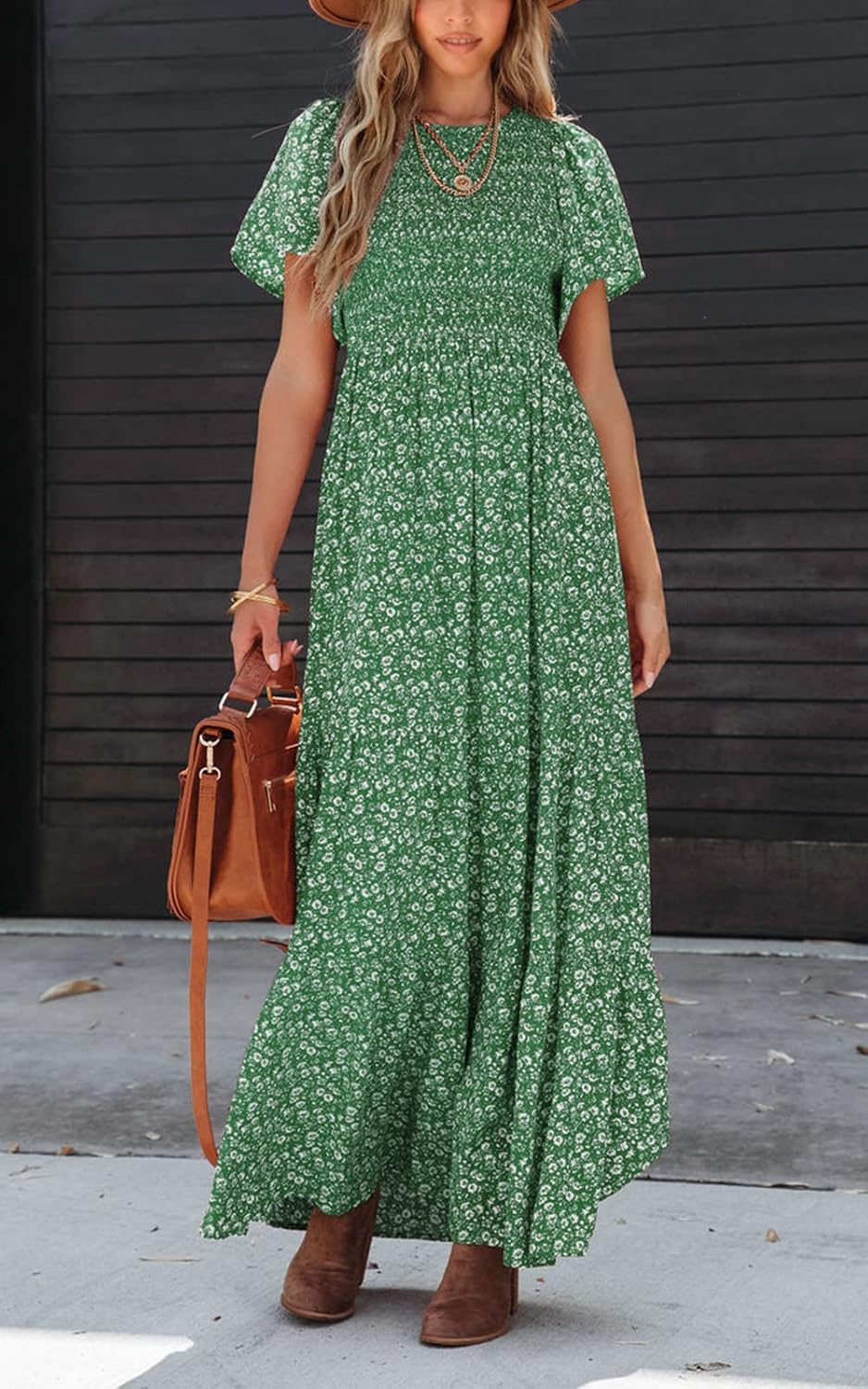 PRETTYGARDEN Women's 2026 Summer Casual Flutter Short Sleeve Boho Floral Maxi Dress Crew Neck Smocked Tiered Long Dresses - Image 4