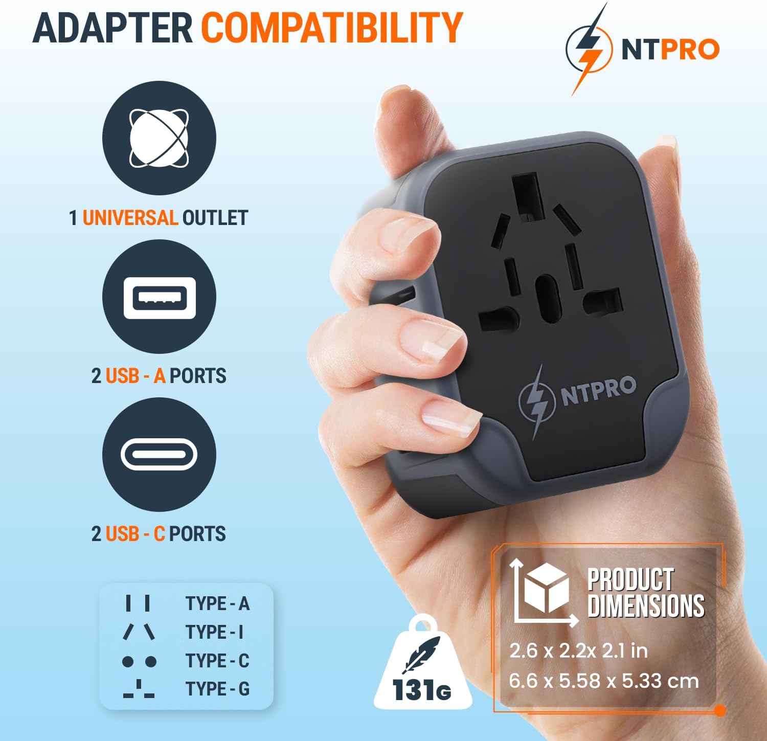 5 in 1 Universal Travel Adapter-10A | International Power Adapter with 2 USB C, 2 USB A Ports | 3.4A & 2400W Fast Portable Charger | Travel Adapter Worldwide Covering 200+ Countries- Black - Image 7