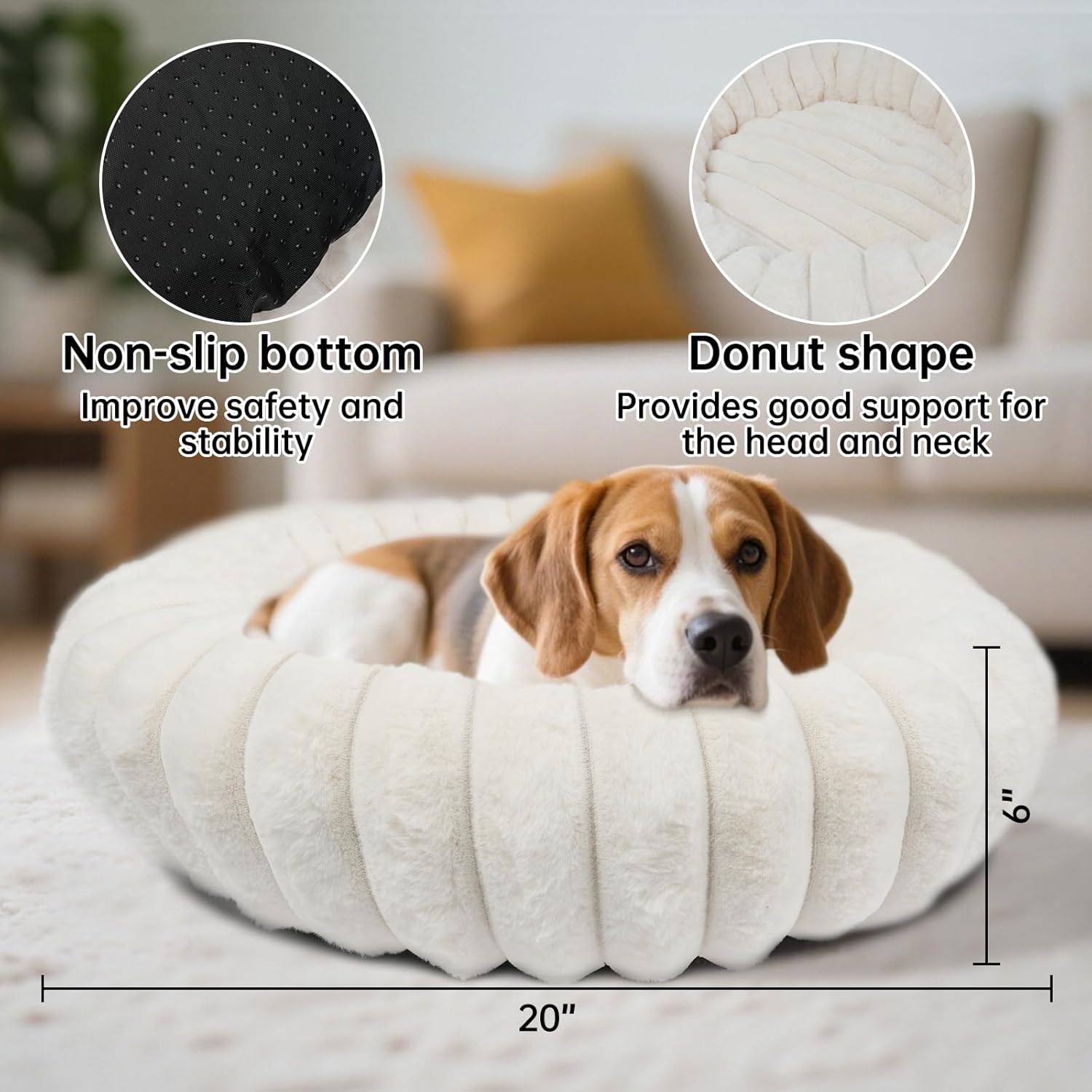 Donut Dog and Cat Bed, Luxurious Comfortable Faux Rabbit Fur Pet Beds, Soft Anti-Anxiety Calming Puppy Kitten Bed with Anti-Slip Bottom for Small Dogs & Cats(20", White) - Image 4
