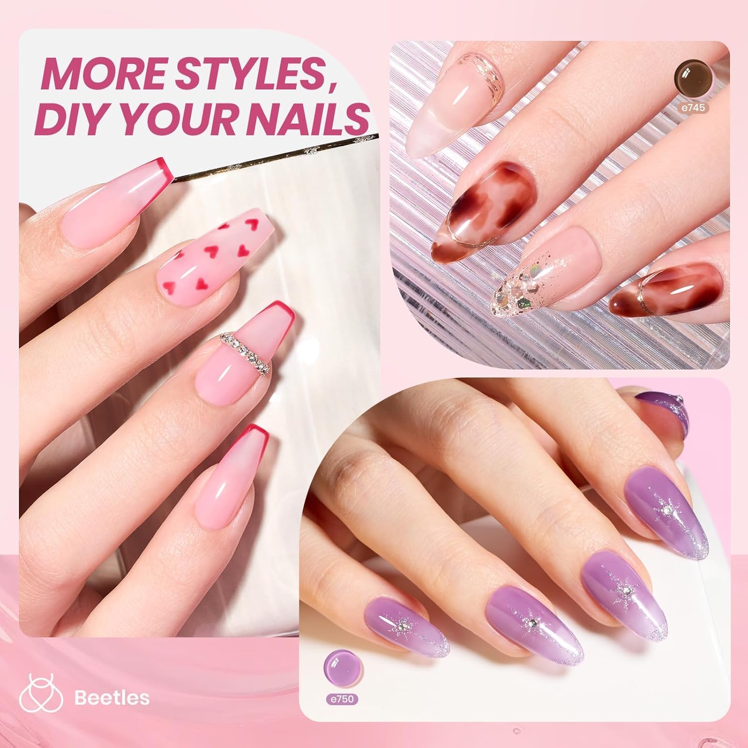 Beetles Jelly Gel Nail Polish Set, 53PCS 36 Colors Jelly Pink Milky White Red Black Blue Green Silver Cat Eye Base Glitter Glossy Matte Top Coat Crystal Ice Collection French Nails Gift for Women - Image 3