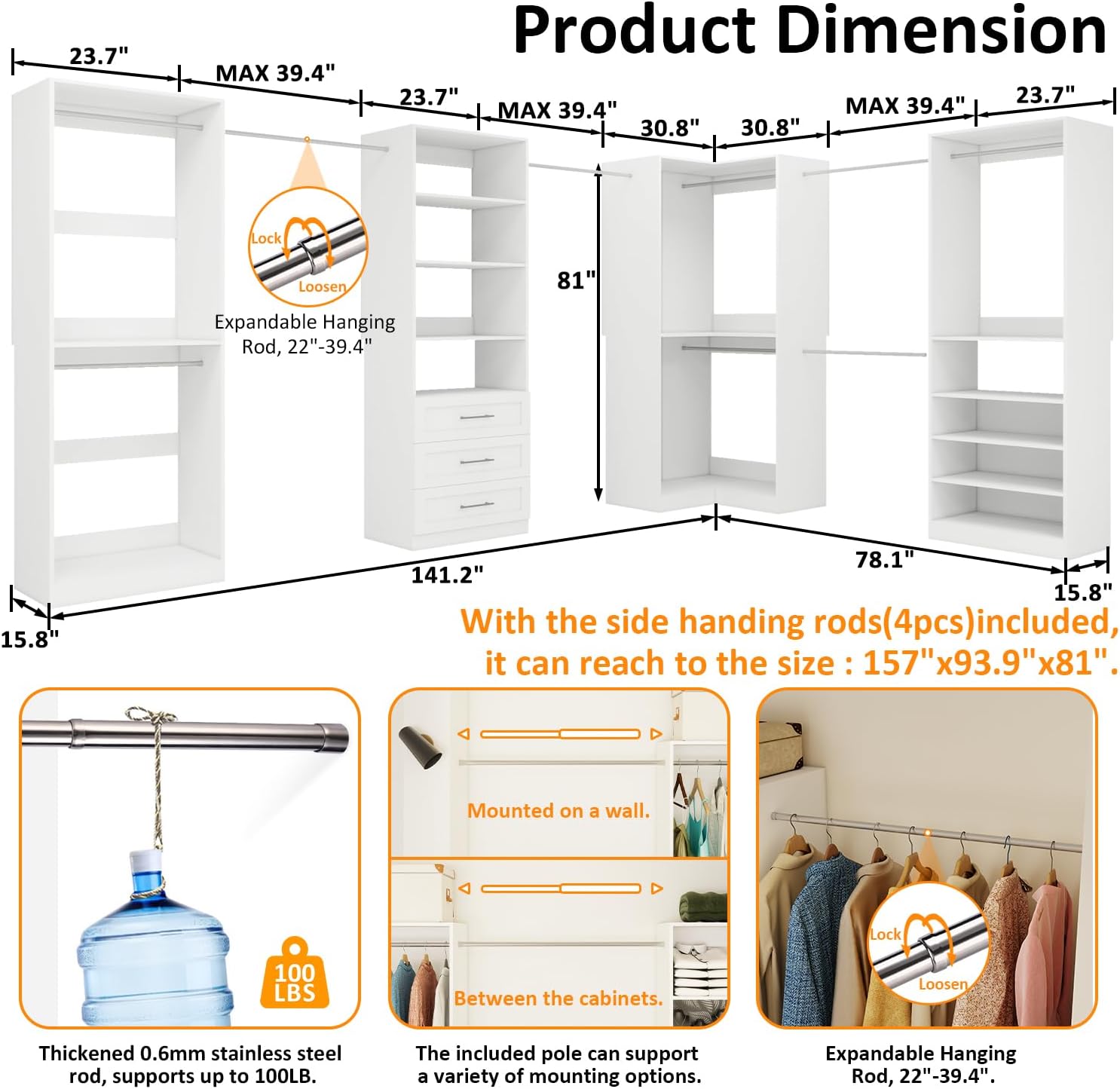 Closet Organizer System of 4 Sets with 3 Drawers, 9 Hanging Rods & 8 Shelves, 157" Walk in Closet System, Corner Closet Organizer, Modular Standalone Closet, White - Image 4