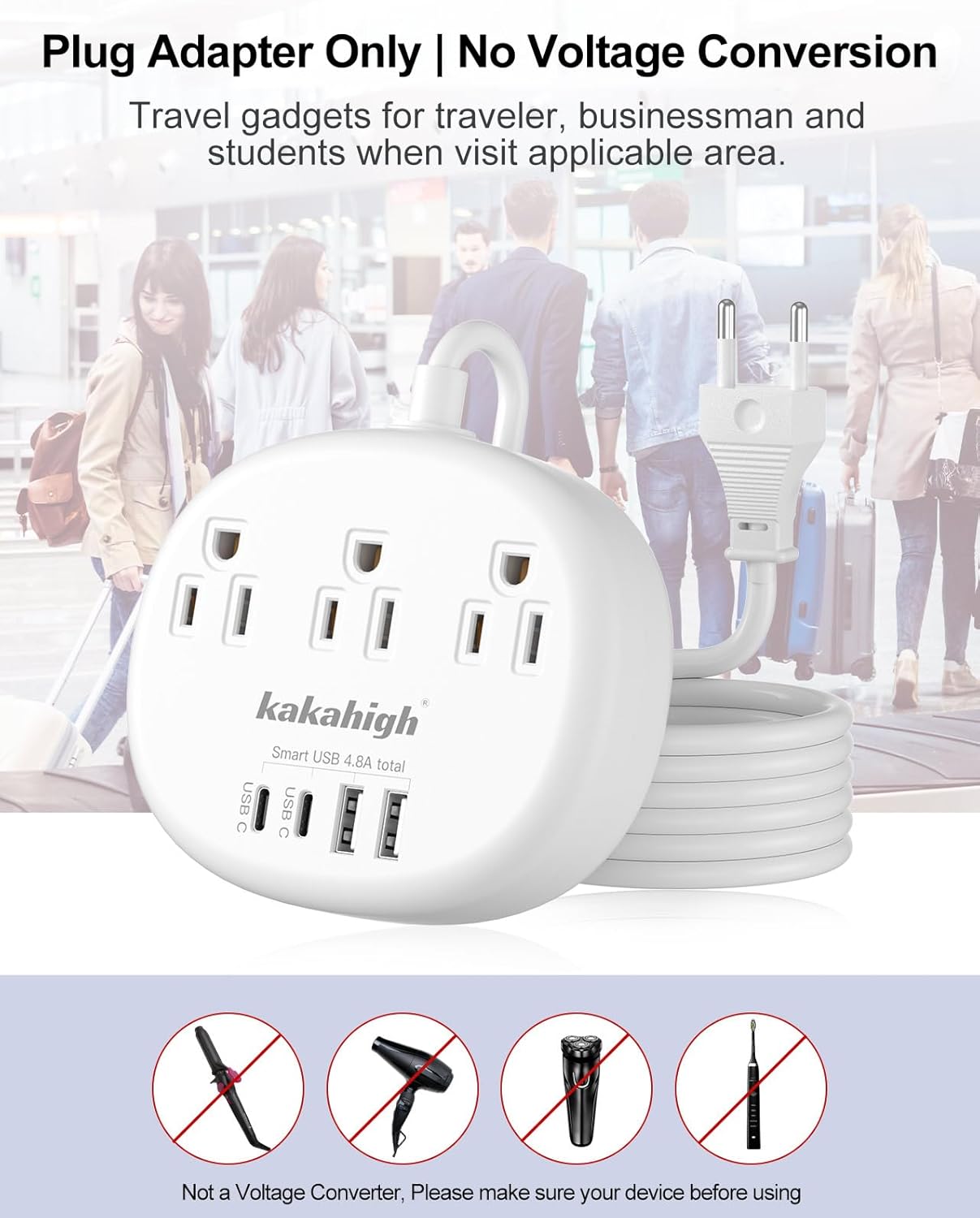 European Travel Plug Adapter with USB C, Multi Country Outlet Adapter with 3 AC Outlets and 4 USB Ports, Type C Plug Adapter for US to Most of Europe Iceland Spain Italy France Germany etc - Image 3