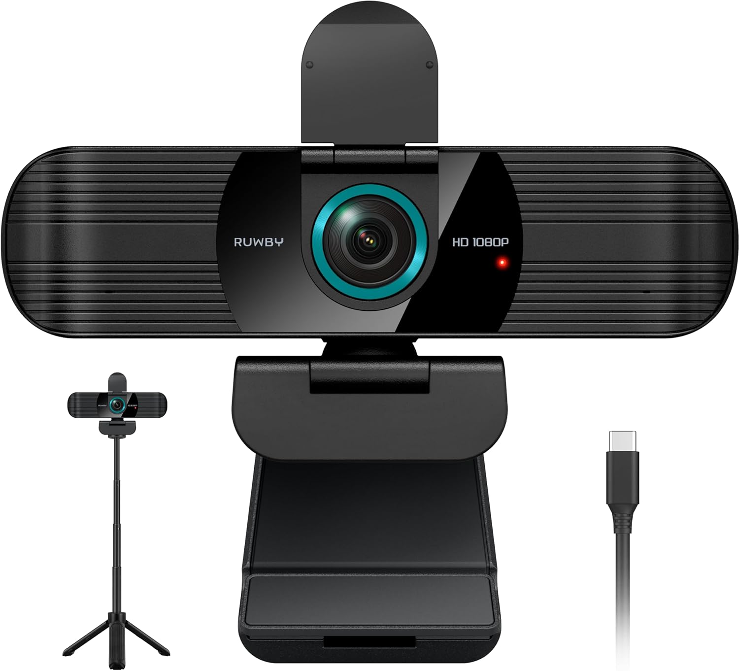 RUWBY Full HD 1080P Webcam with Built-in Dual Mics, Wide-Angle Lens, Privacy Cover, Tripod Stand, Autofocus PC Camera, Plug and Play for Desktop Computer or Laptop
