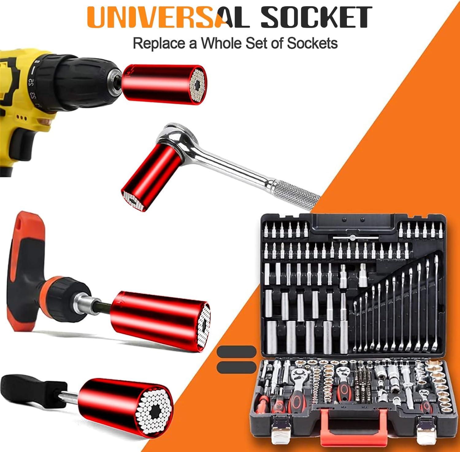 Universal Socket Tools Gifts for Men - Christmas Stocking Stuffers for Men Dad Him Husband Women Cool Stuff Ideas Gadgets Birthday Gifts for Dad Grip Socket Set with Power Drill Adapter (7-19mm) Red - Image 3