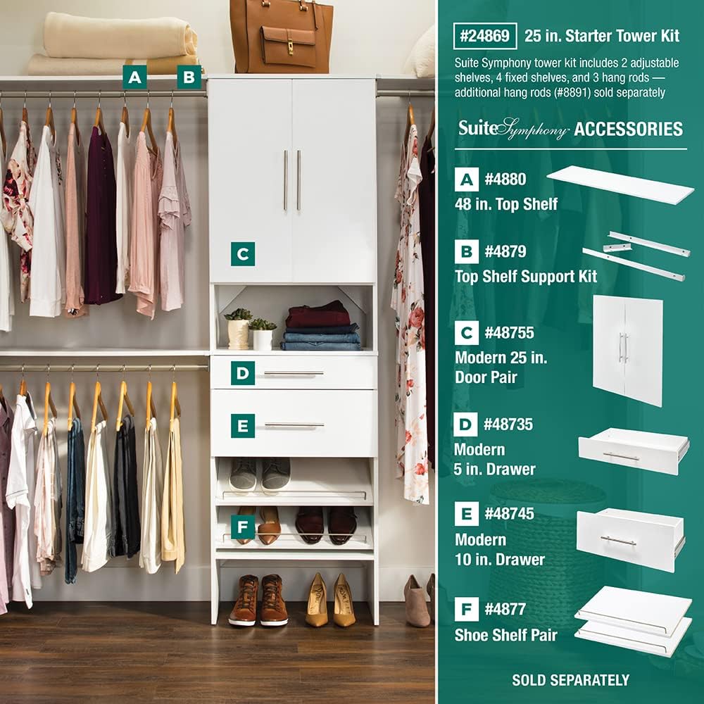 ClosetMaid SuiteSymphony Wood Closet Organizer System, 25-Inch Starter Kit with Tower and 3 Hang Rods and Shelving, Adjustable Shelves, Customizable Insert, Reach-in or Walk-in Closets, Pure White - Image 6