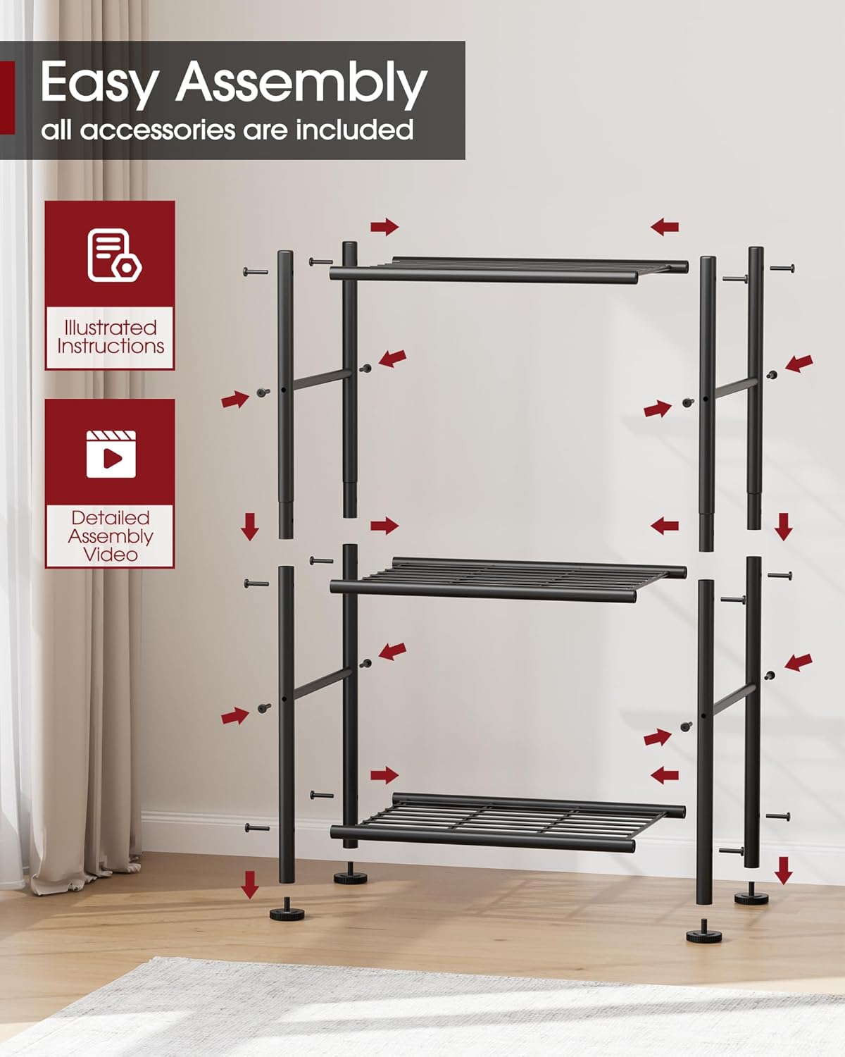 Sakugi Storage Shelves - 3 Tier Shelf Organizer, Sturdy Metal Garage Shelving with Adjustable Leveling Feet, Space-Saving Shelves Organizer for Pantry, Laundry, Kitchen (18" x 12" x 30", Black) - Image 7