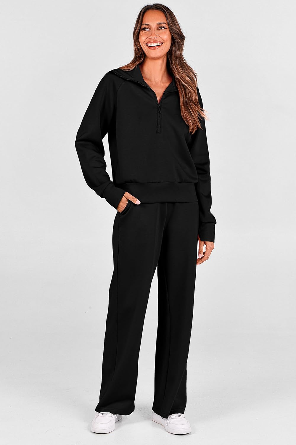 PRETTYGARDEN Women's 2 Piece Outfits Casual Lapel Half Zip Sweatshirts and Wide Leg Pants Tracksuit Sets - Image 7