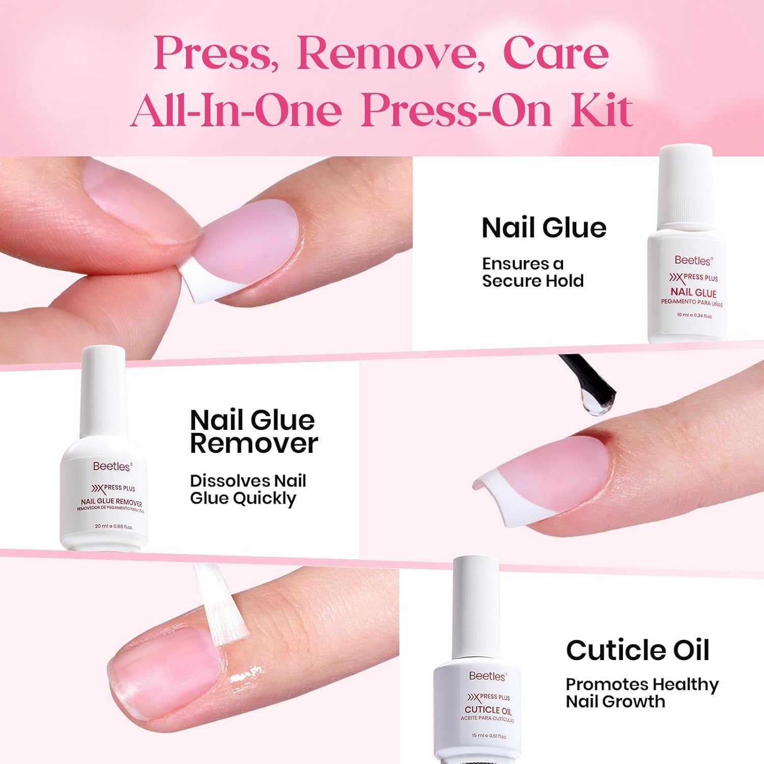 Beetles Press On Nails Kit - 300Pcs Short Square French Tip Press On Nails, 15Sizes Pink French Nail Tips with Nail Glue & Remover, Builder Top Coat Nail, Lamp,All-in-One DIY Spring Gift for Women - Image 6
