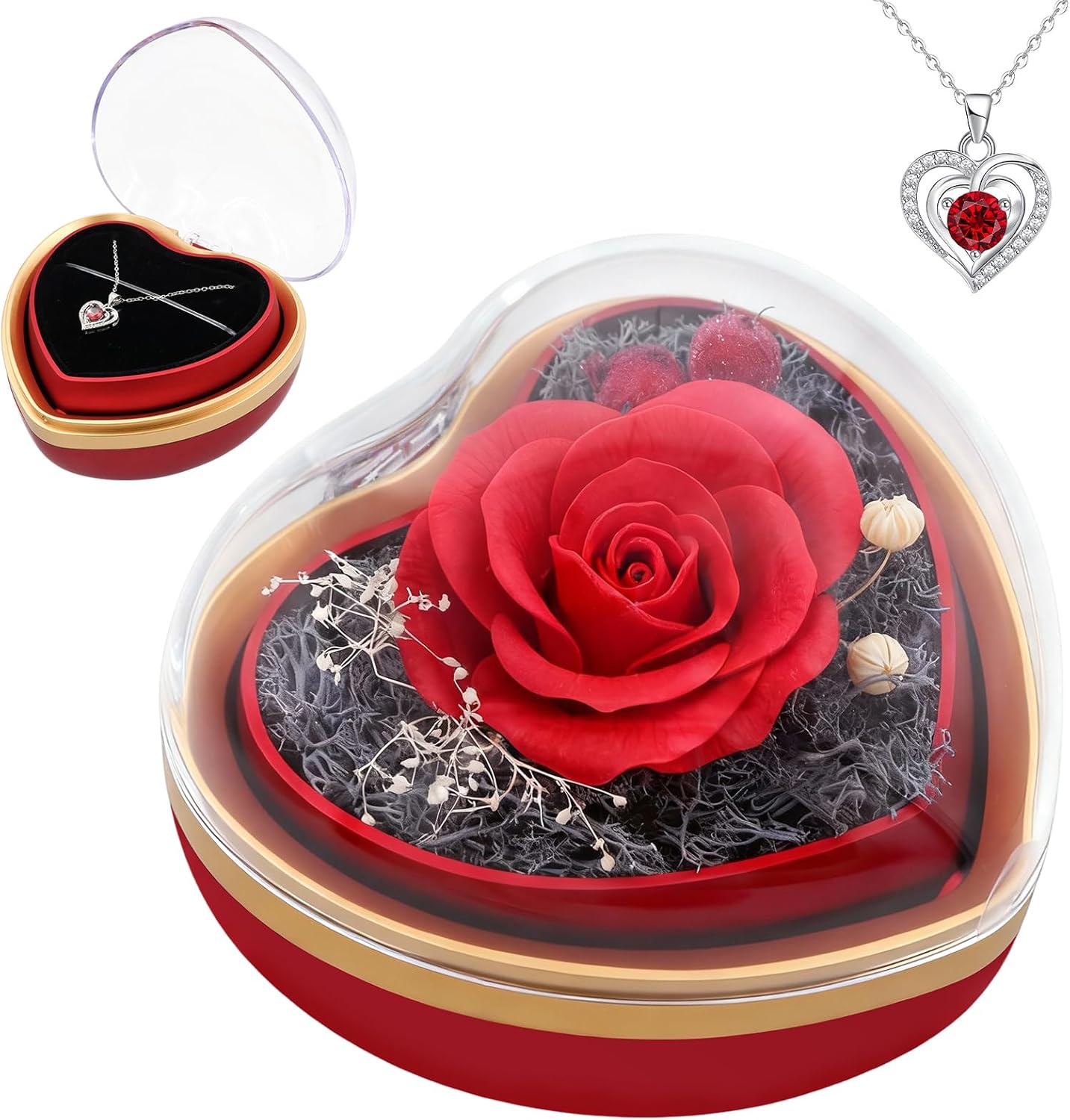 Eternal Real Rose Dainty Love Pendant , Preserved Red Rose Gift Box with Heart Necklace, Gifts for Women, Mom, Wife, Gifts Idea on Valentine's Day, Mother's Day, Birthday, Anniversary, Thanksgiving