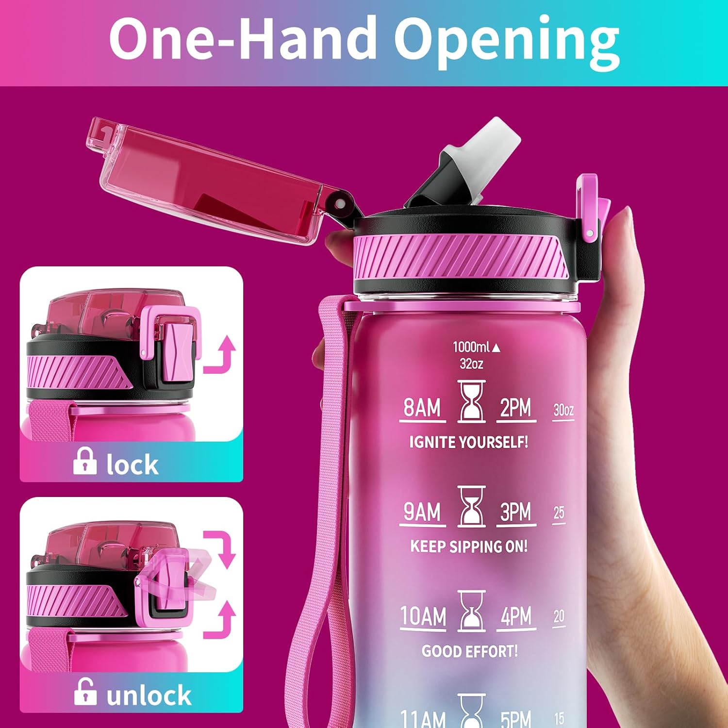 Water Bottle with Straw, 32oz Motivational Water Bottles with Time Marker to Drink, Tritan BPA Free, 1L Sports Water Bottle with Carry Strap LeakProof for Women Gym Fitness Outdoor (1 Pack) - Image 3