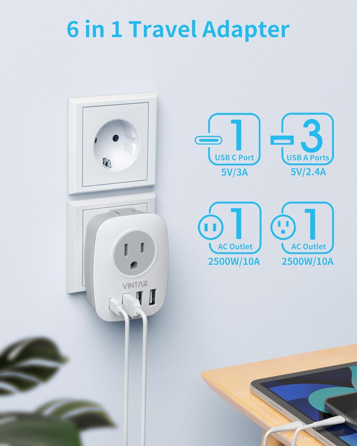 2 Pack European Travel Plug Adapter, VINTAR International Power Plug Adapter with 1 USB C, 2 American Outlets and 3 USB Ports, 6 in 1 Travel Essentials to Most of Europe Greece, Italy(Type C) - Image 4