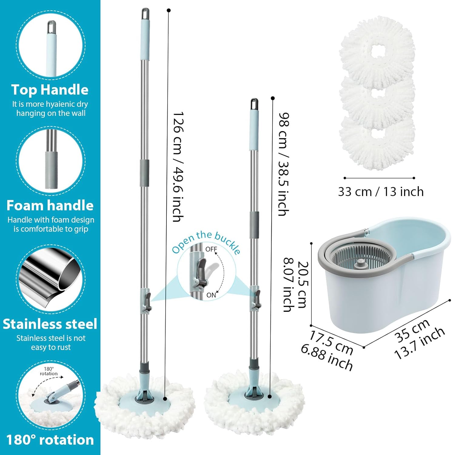 Spin Mop and Bucket with Wringer Set, 360° Spinning Mop Bucket System with 3 Microfiber Mop Replacement Heads and 50" Stainless Steel Adjustable Handle for Floor Cleaning - Image 2