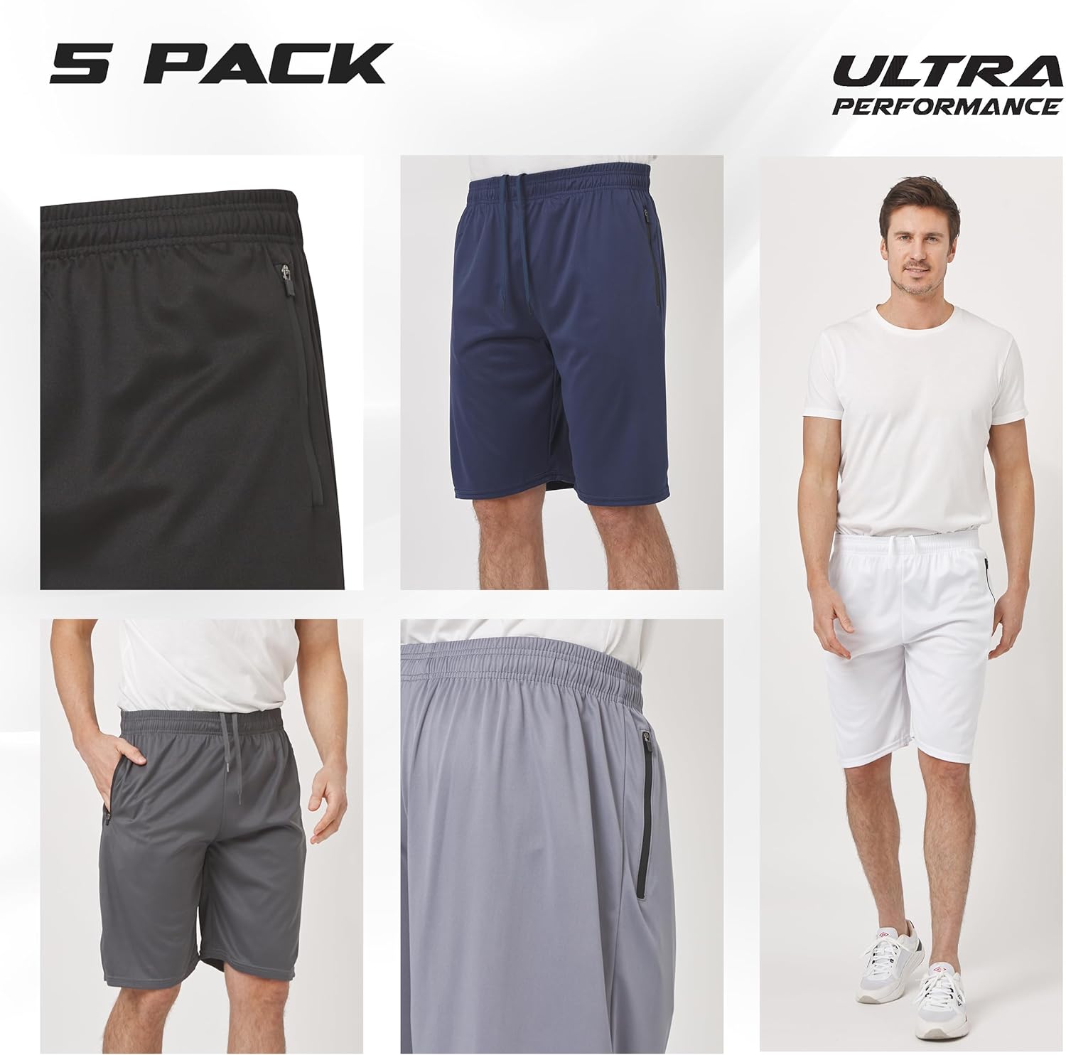 Ultra Performance Mens 5 Pack Athletic Running Shorts, Loose fit Basketball Gym Workout Shorts for Men with Zippered Pockets - Image 2