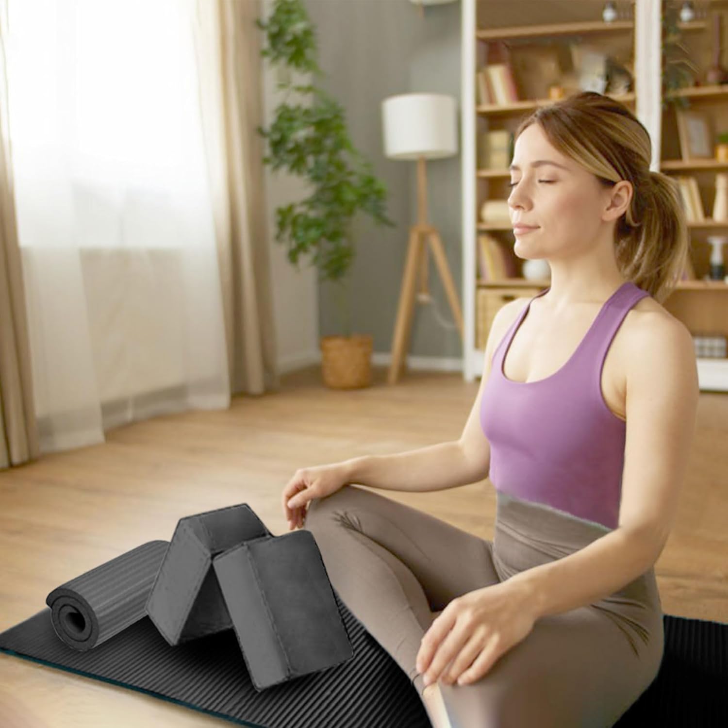 BalanceFrom 7-Piece Yoga Set with 71x24x0.5 Inches Extra Thick Mat and Carrying Sling – Includes 2 Blocks, Stretch Strap, 2 Towels, and Knee Pad for Home, Studio, and Gym Workouts - Image 6