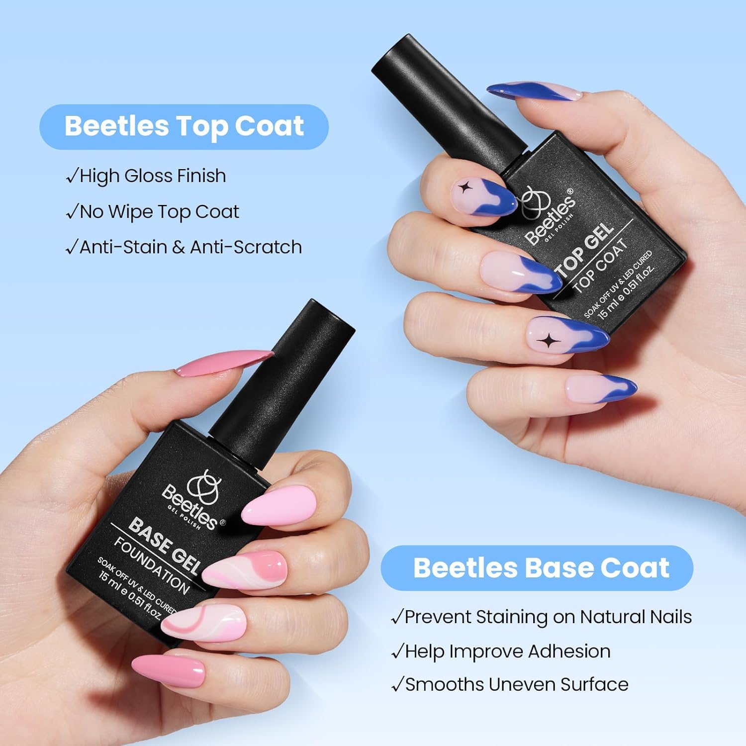 Beetles No Wipe Gel Top Coat and Base Coat Set for Gel Nail Polish - 2Pcs 15ml Super Shiny and Long Lasting Soak Off UV/LED Lamp Nail Art Design Gift - Image 2